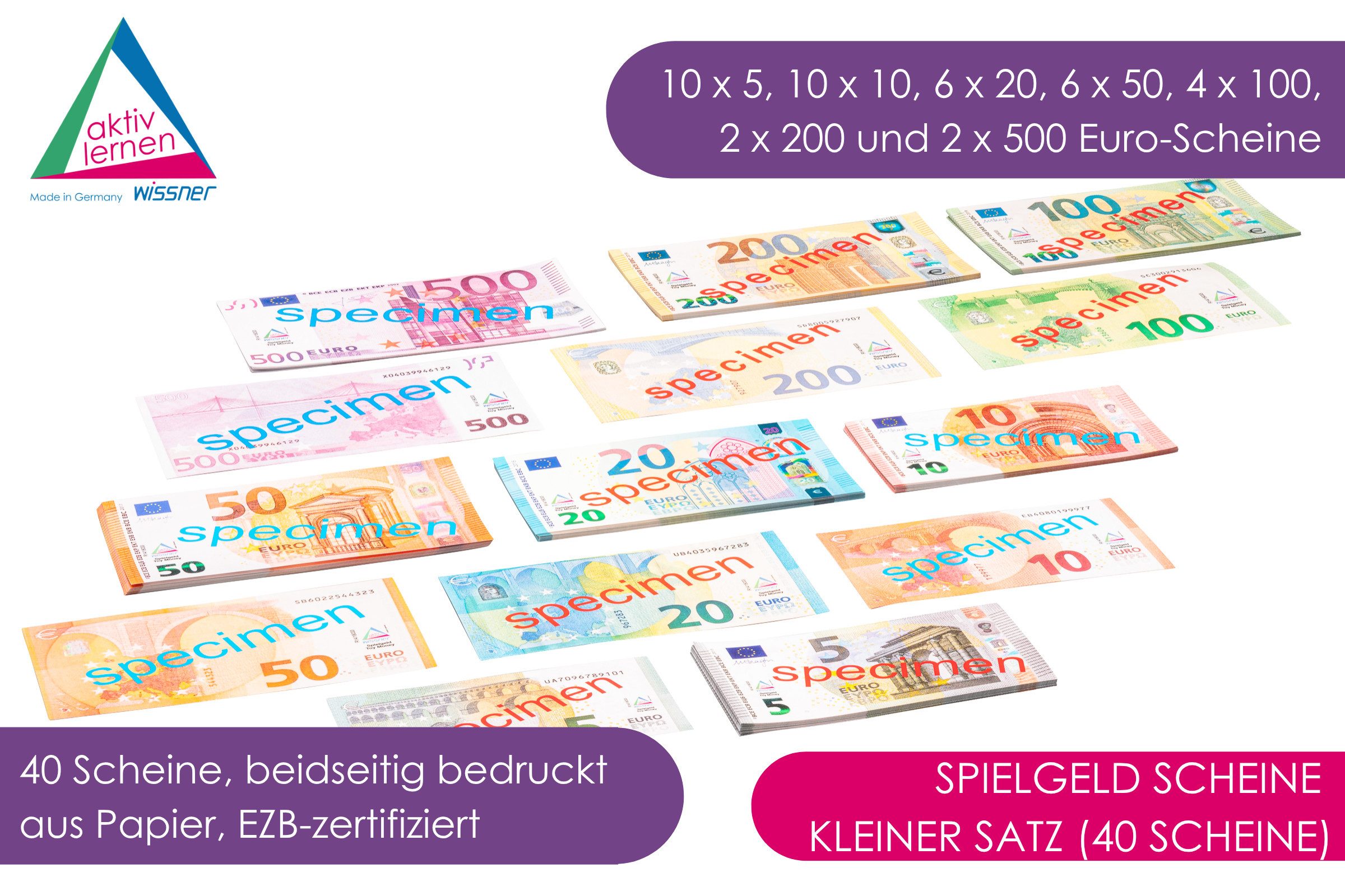 Wissner® aktiv lernen Lernspielzeug Spielgeld Scheine kleiner Satz (40 Scheine), RE-Plastic®