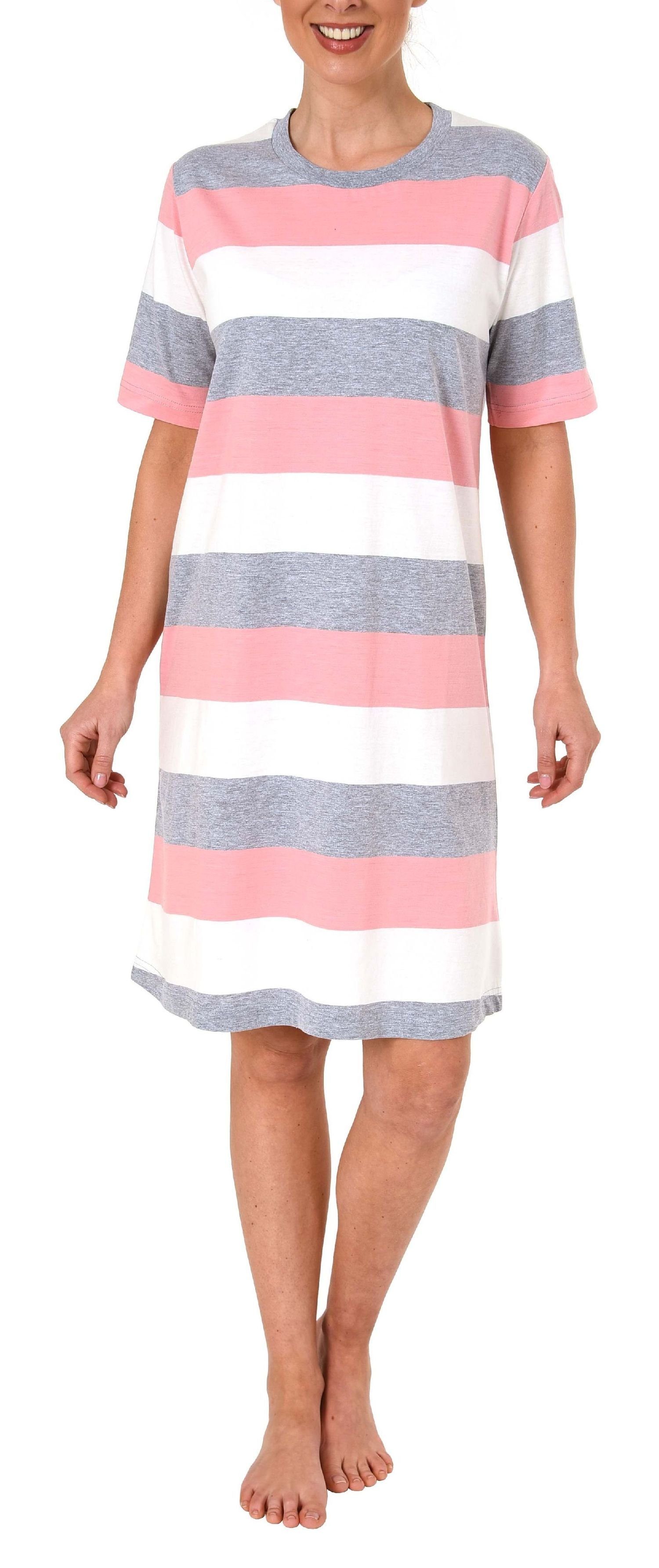 Normann Nachthemd Damen Nachthemd kurzarm mit Block Streifen Querstreifen rosa