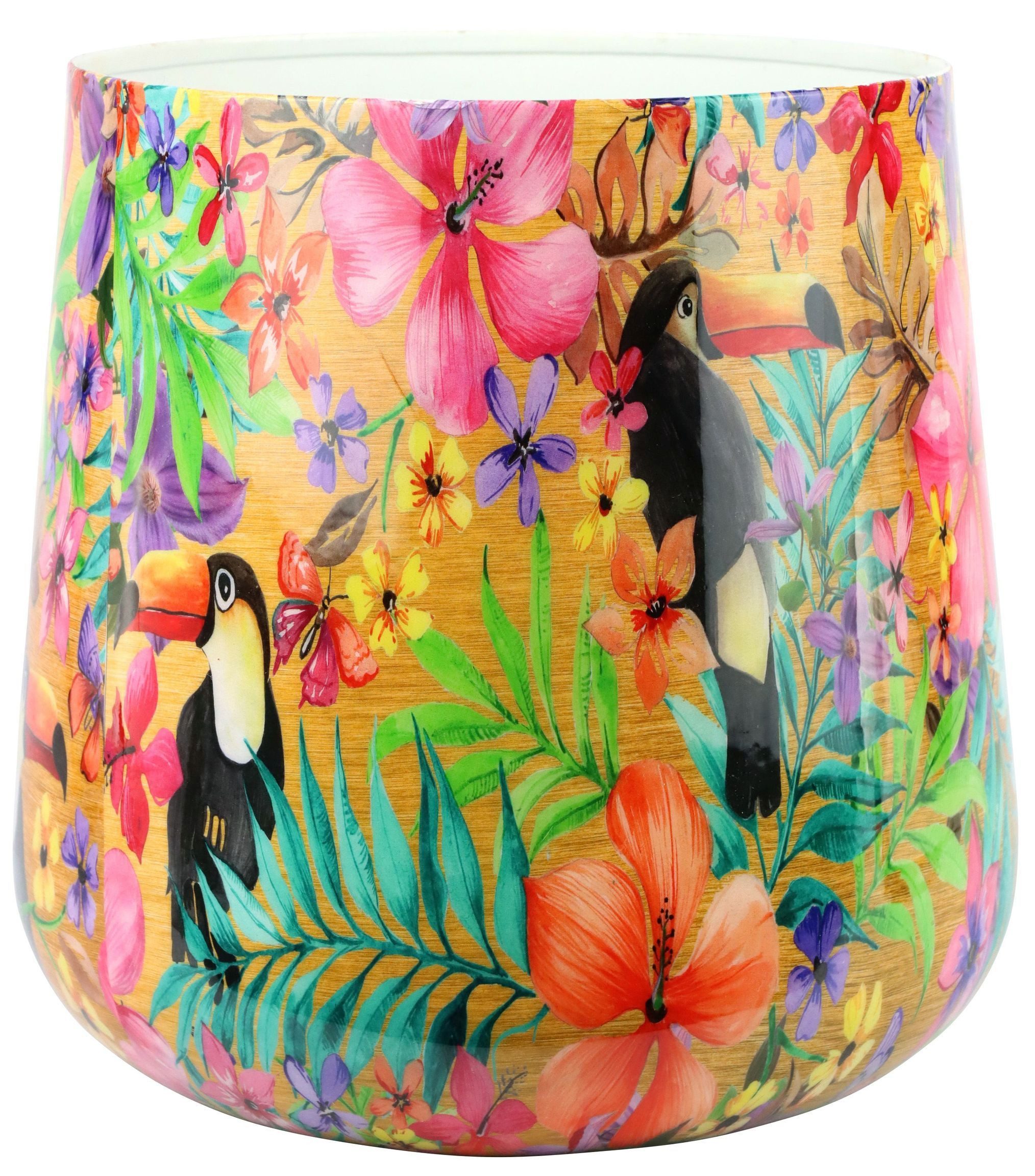 FURNARO Übertopf, mit Tukanen und Blumen Motiv aus Eisen ca. 20,5cm