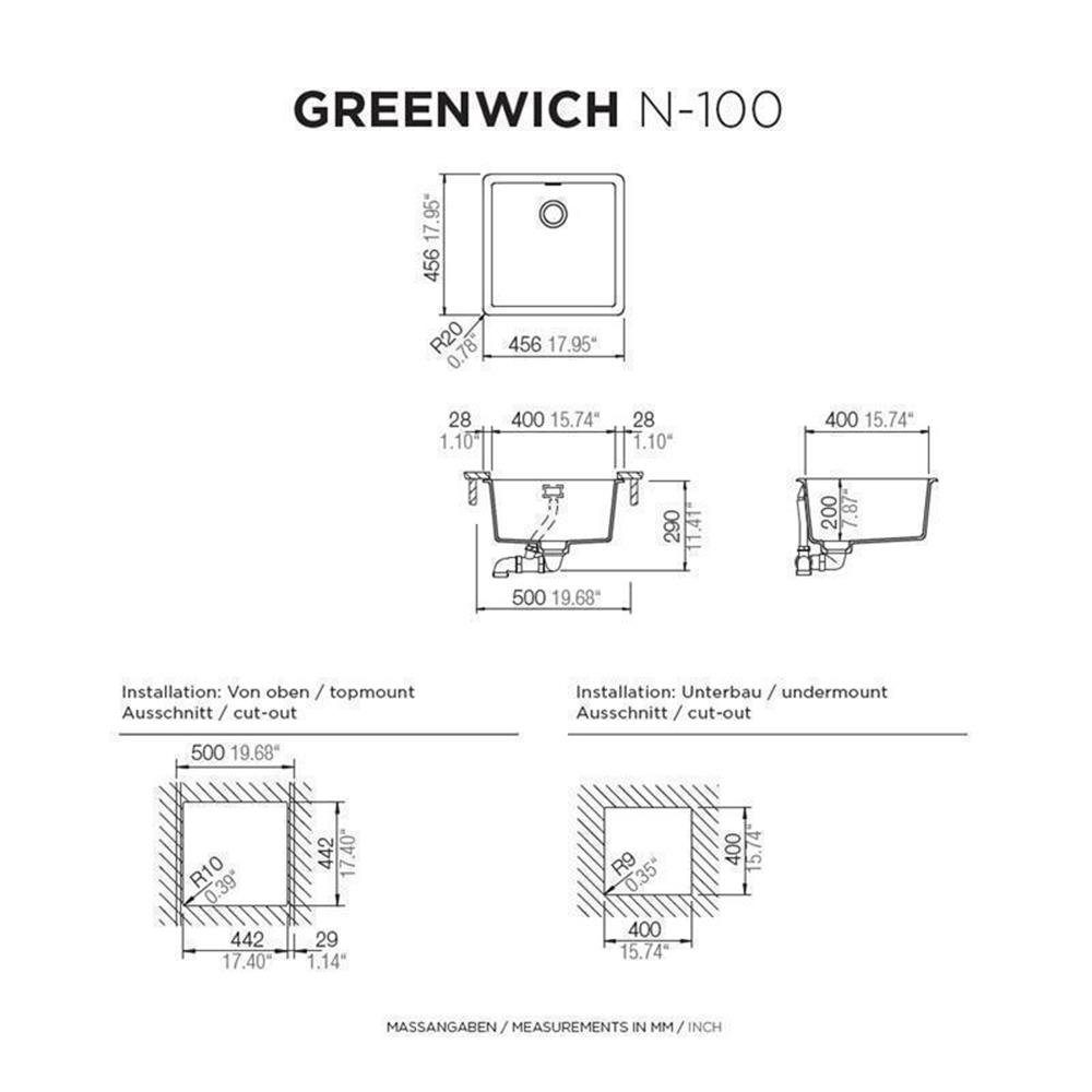 U, PUR Greenwich cm 45,6/45,6 Unterbauspüle Puro Cristadur N-100 Granitspüle Schock Schock