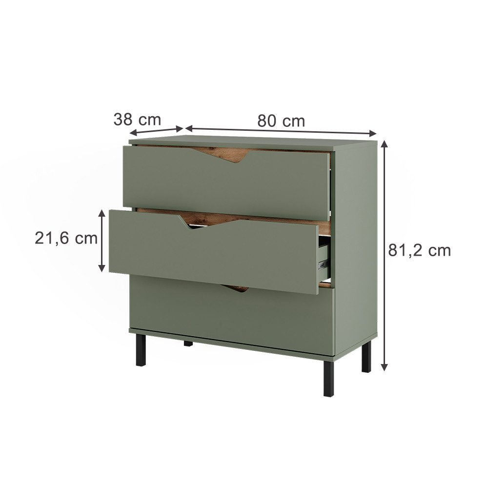 Vicco Kommode Marelle, Grün/Artisan/Artisan, 80 x 81.2 cm mit 3 Schubladen (1 St)