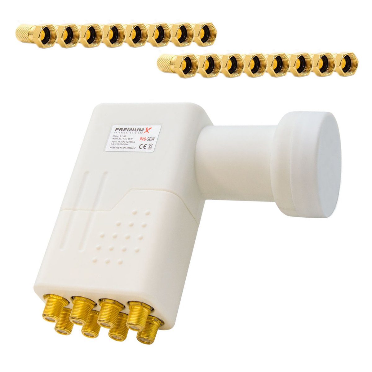 PremiumX Octo LNB weiß SAT für 8 Teilnehmer DVB-S2 HD 4K inkl. 16x F-Stecker Universal-Octo-LNB