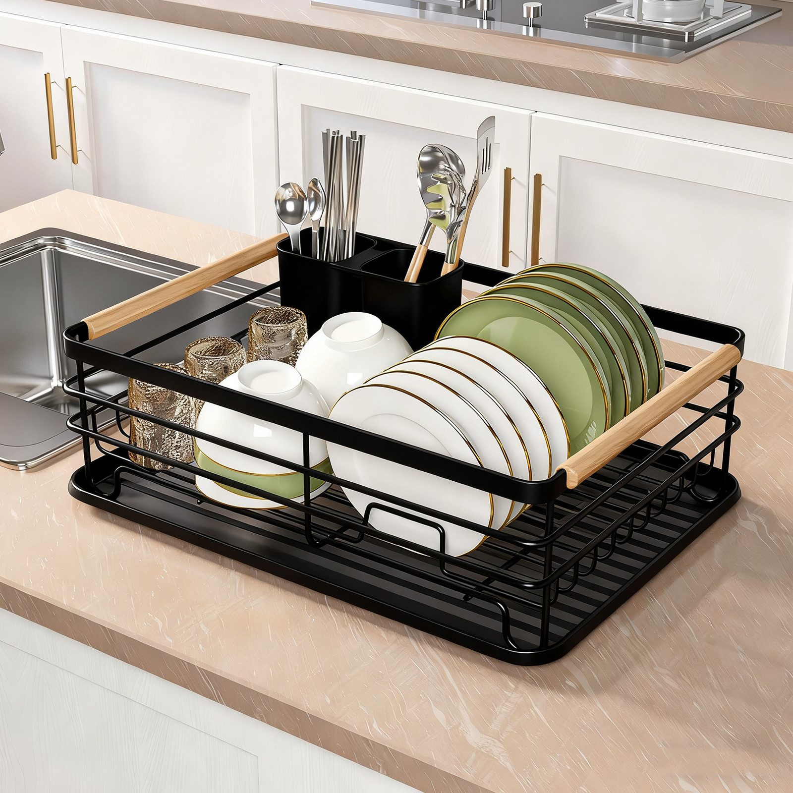 BlingBin Geschirrständer Geschirr Abtropfgestell mit Auffangschale, 43 × 30,5 × 14 cm, Rostfrei Spülkorb mit Holzgriff für Teller, Töpfe & Besteck, Schwarz