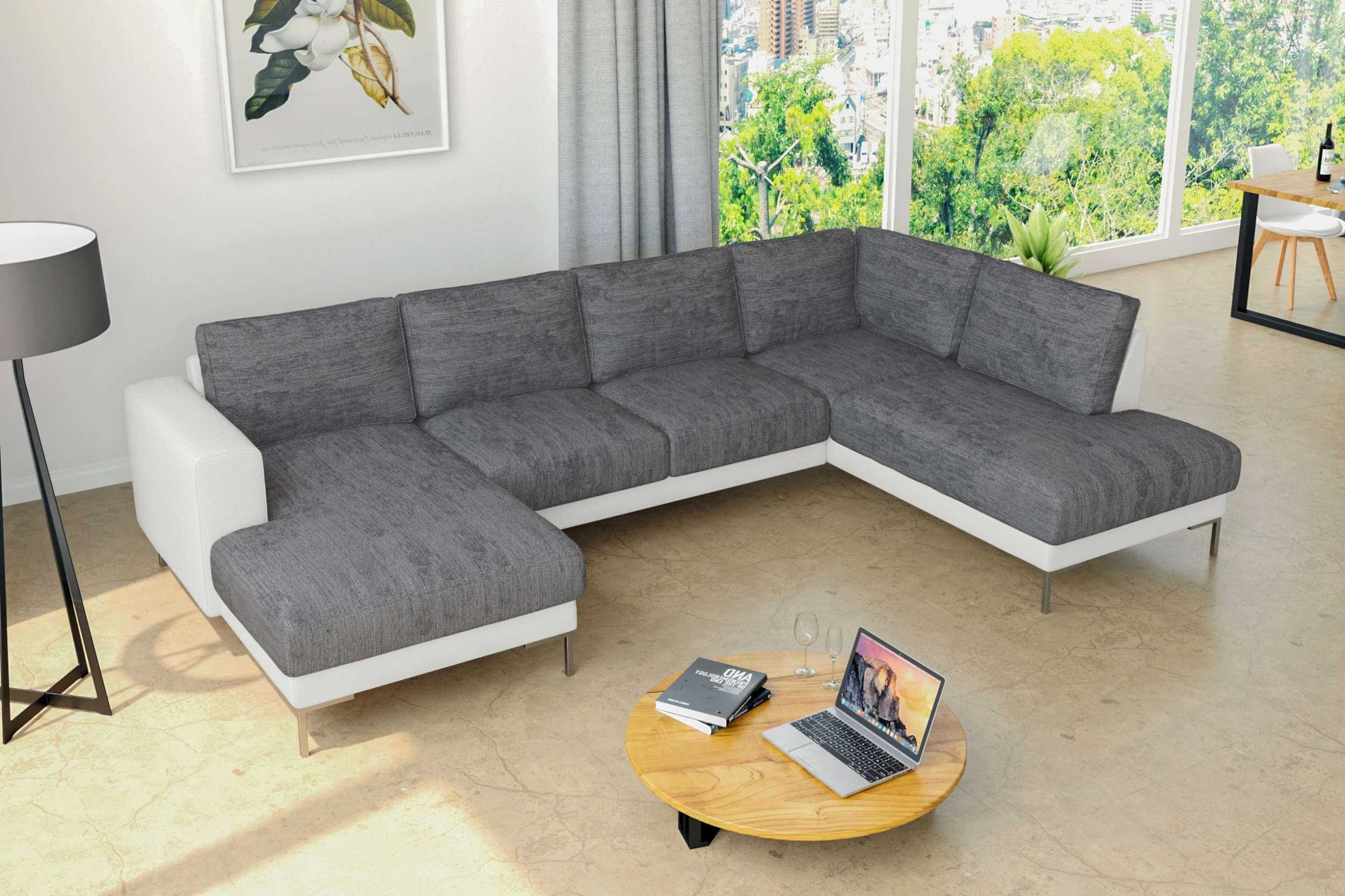 Stylefy Design, Grau Sofa, links Metall Wellenfederung, mit im Wohnlandschaft Santini, Weiß oder - rechts Raum U-Form, Modern mane bestellbar, frei stellbar,