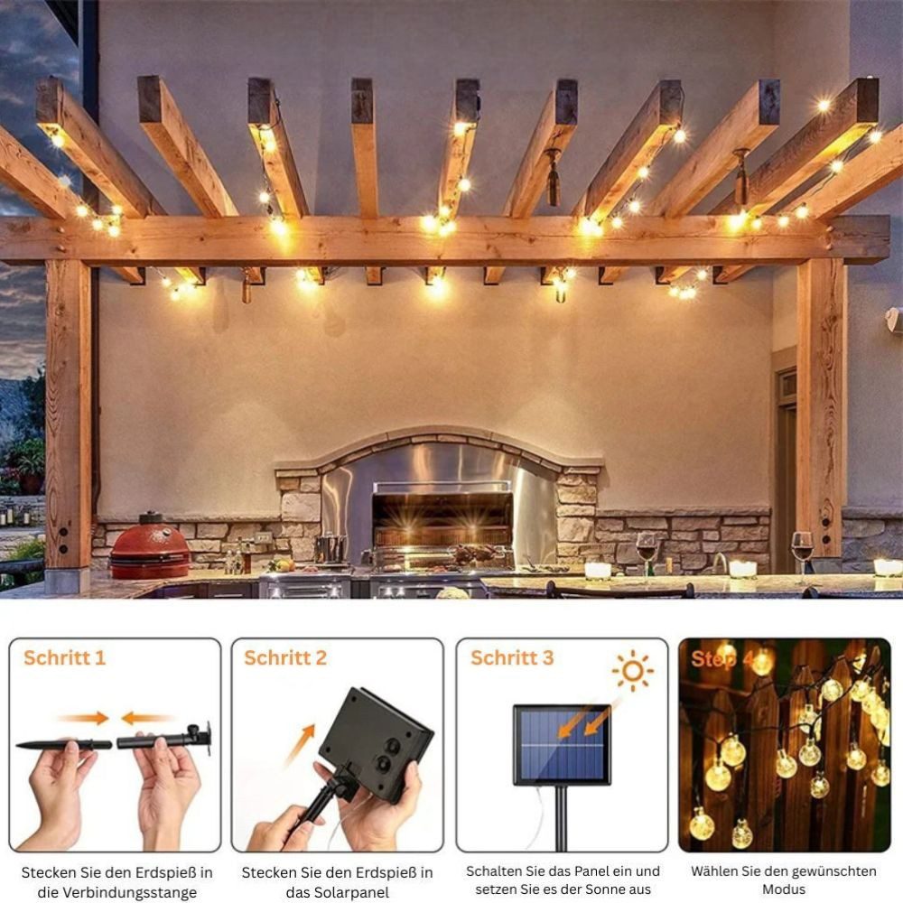 Montegoni LED-Lichterkette Solarleuchte Kugel Lichterkette Außen warmweiß Gartenleuchte, Solarbetrieben, Wasserdicht, 8 Modi, Energiesparend, Automatisch