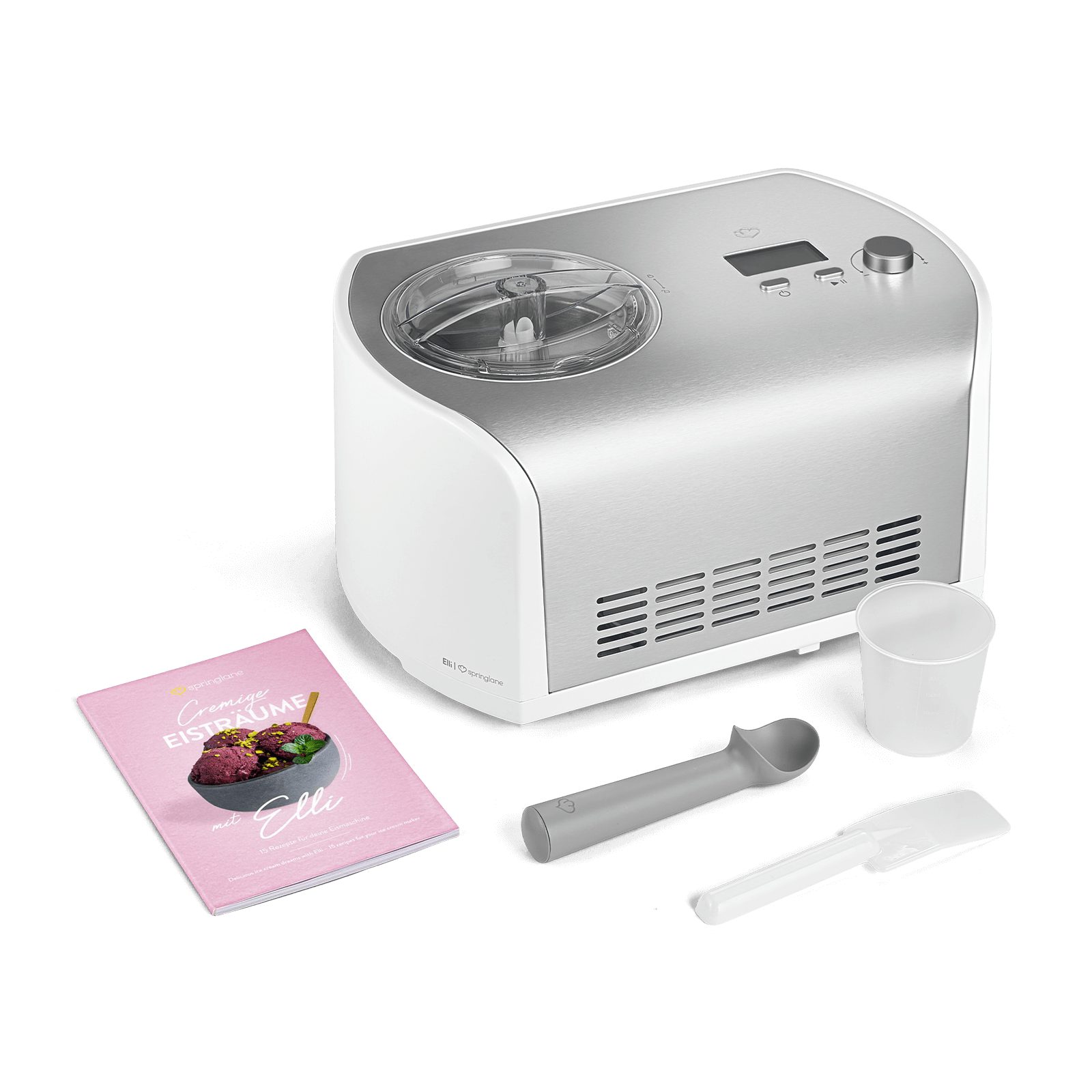 Springlane Eismaschine Elli selbstkühlend - Kompressor & LCD-Display, 1,20 l, 135,00 W, Eiscreme in 45 Min - Eiscrememaschine aus Edelstahl