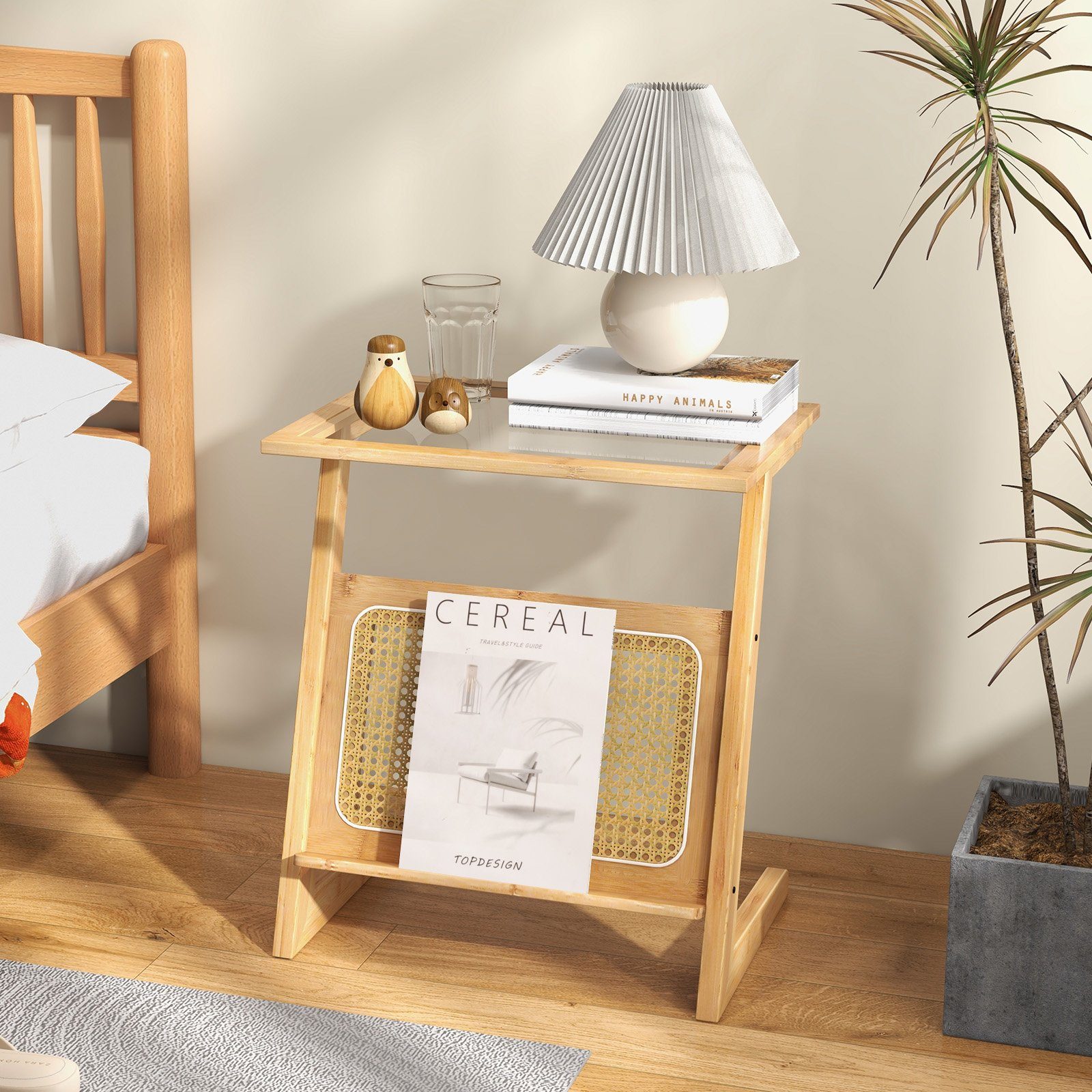COSTWAY Beistelltisch, Bambus, Z-förmig, mit Rattan-Ablage günstig online kaufen
