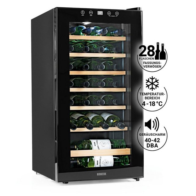 N8WERK Weinkühlschrank 28 Flaschen Kompressor Flaschenkühlschrank, für 28 Standardflaschen á 0,75l,JC-88E/HC HolzEinlegeböden vibrationsfreie Kühlung