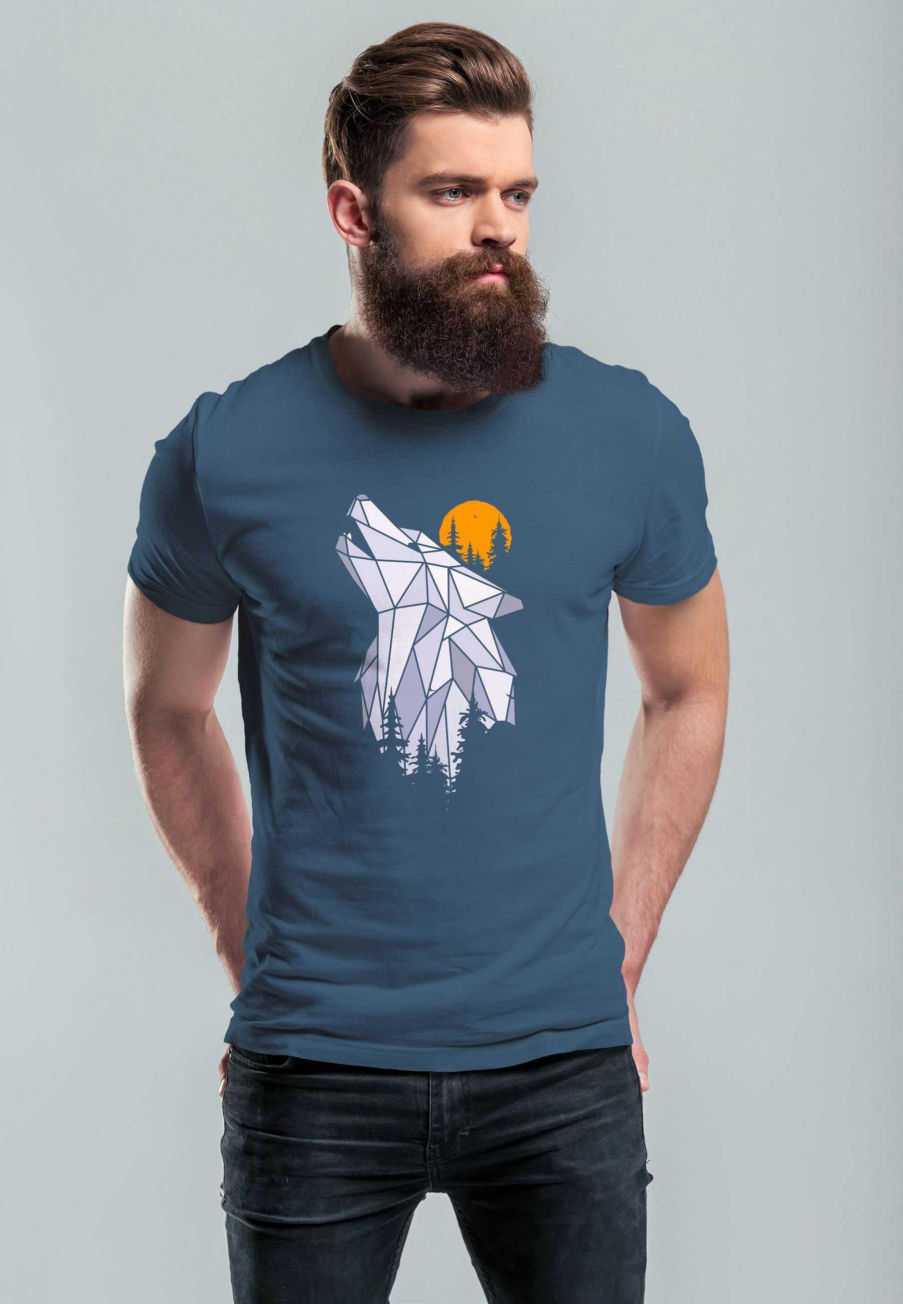 Print Tiermot blue Polygon Herren Print T-Shirt Outdoor Neverless denim Adventure Wolf Print-Shirt mit Wald Natur