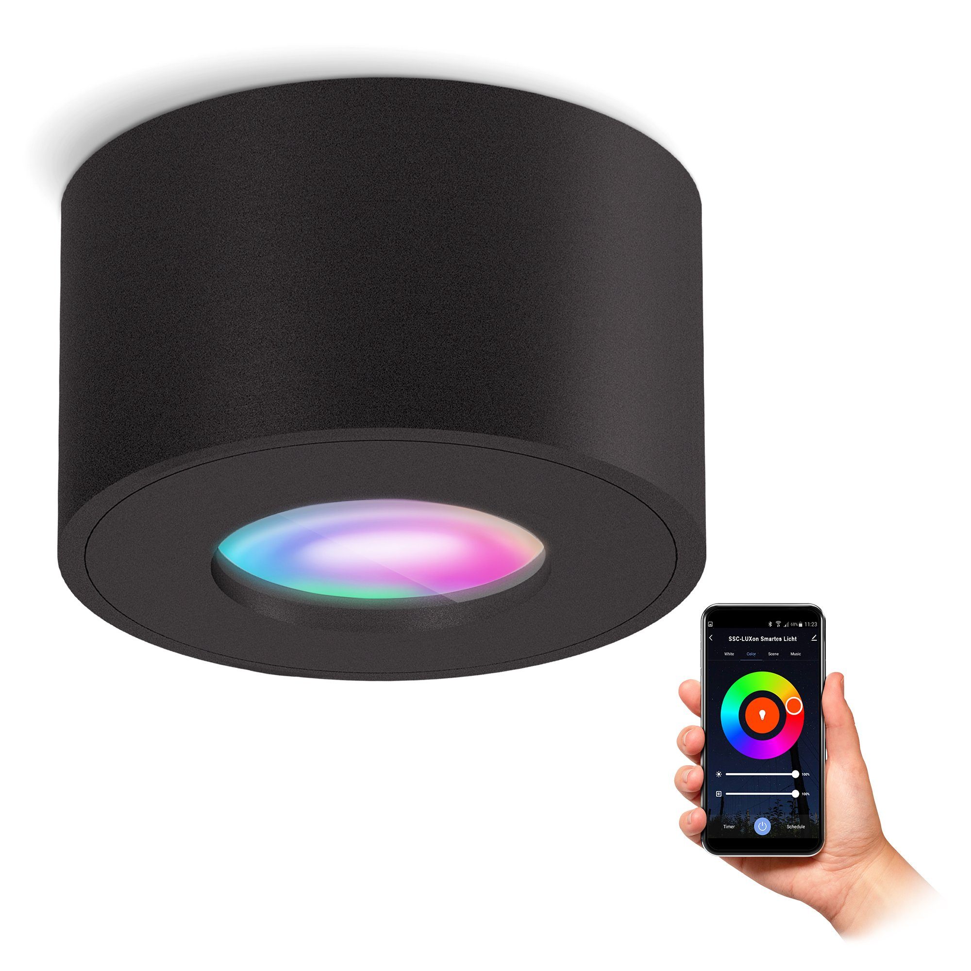 IP44 Aufbauspot schwarz mit SSC-LUXon flach RGB LED, Smart CELI-1 Spritzwasserschutz Aufbauleuchte