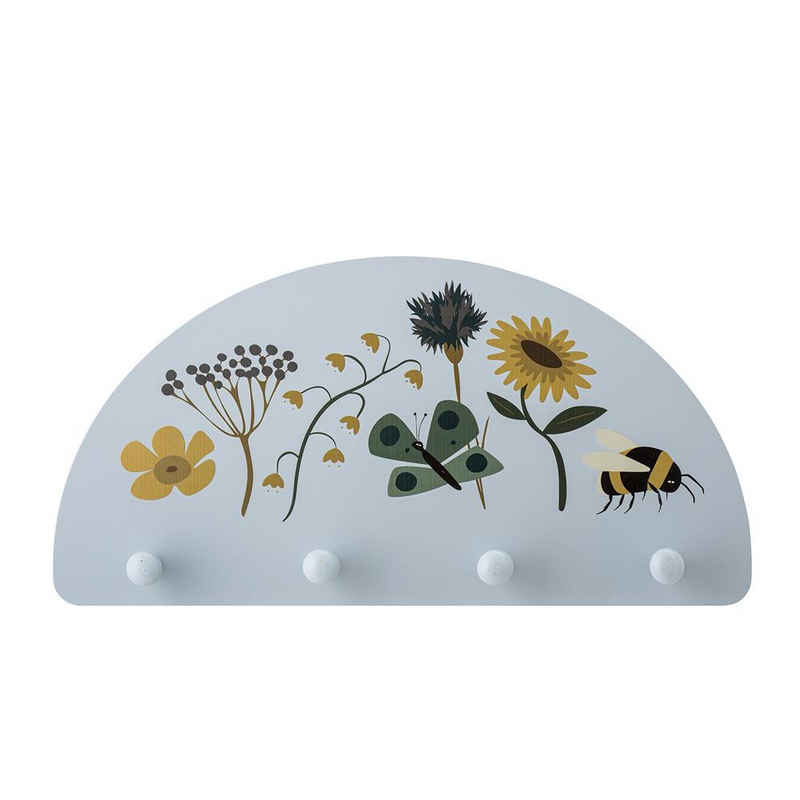 Bloomingville Wandgarderobe Juliana, Blumenwiese-Motiv, Blau, aus Lotusholz, Kindergarderobe