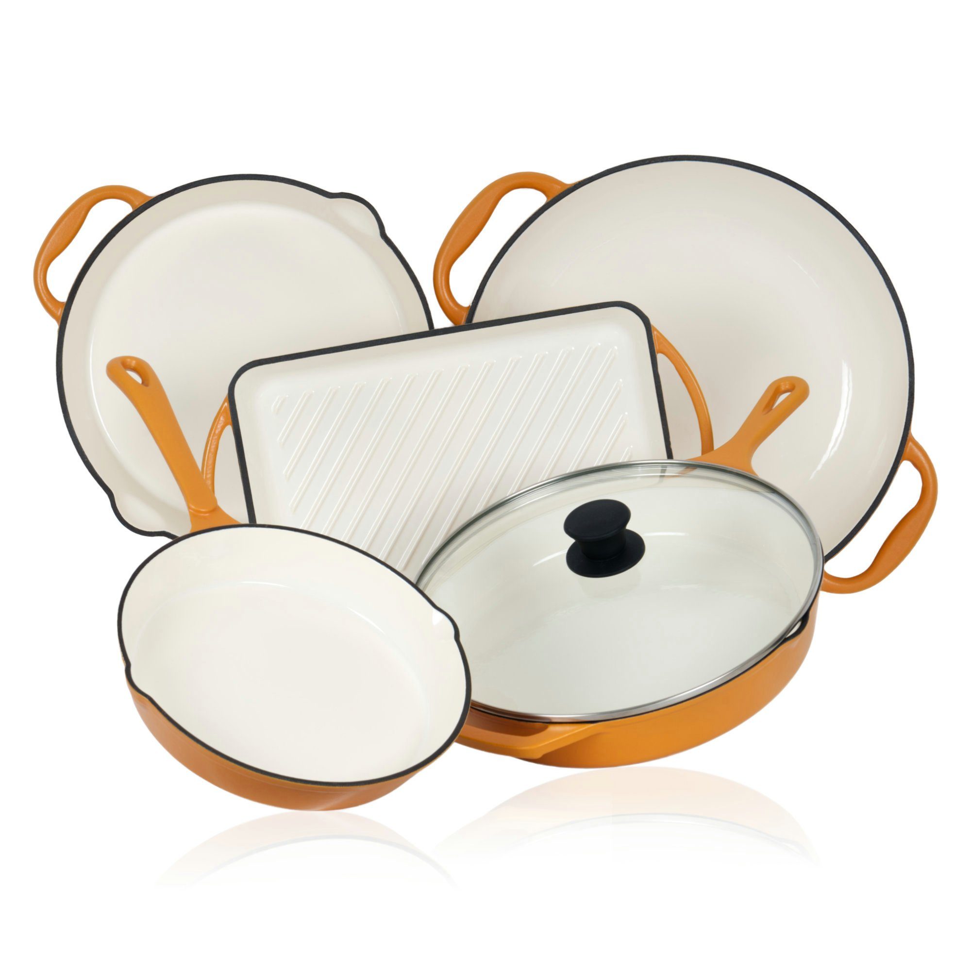 Mahlzeit Pfannen-Set 5-tlg.Set, Sunny Orange, Grillpfannen, Grillpfanne und Paella Pfanne, Gusseisen (Set, 5 teiliges Set)