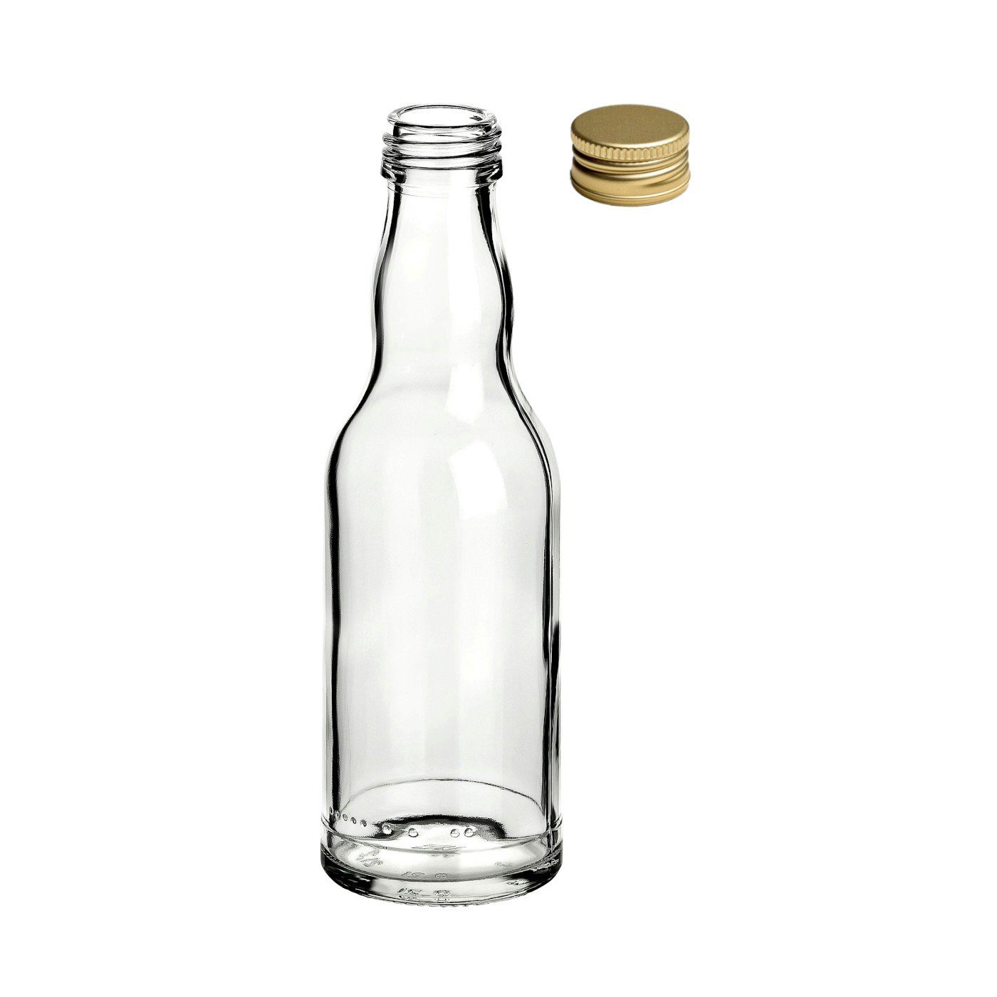 gouveo Trinkflasche Glasflaschen 200 ml Kropfhals mit Schraub-Deckel - Kleine Flasche 0,2l, 12er Set, goldfarben