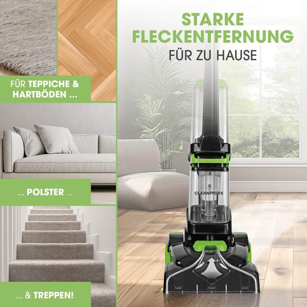 CLEANmaxx Teppichreinigungsgerät Teppich- & Polsterreiniger Professional, 800 W, Waschsauger inkl. Ersatzbürste & Teppichshampoo