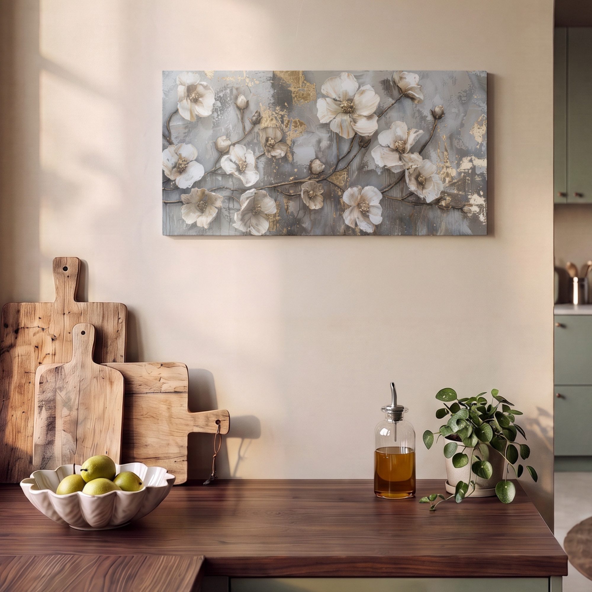 OneMillionCanvasses® Leinwandbild Panorama Blumen - Weiß - Grau - Gold - Luxus, Fotodruck (1 St), Wandbild, Deko Schlafzimmer Wohnzimmer Flur 40x20 cm – Bild 5 von 5