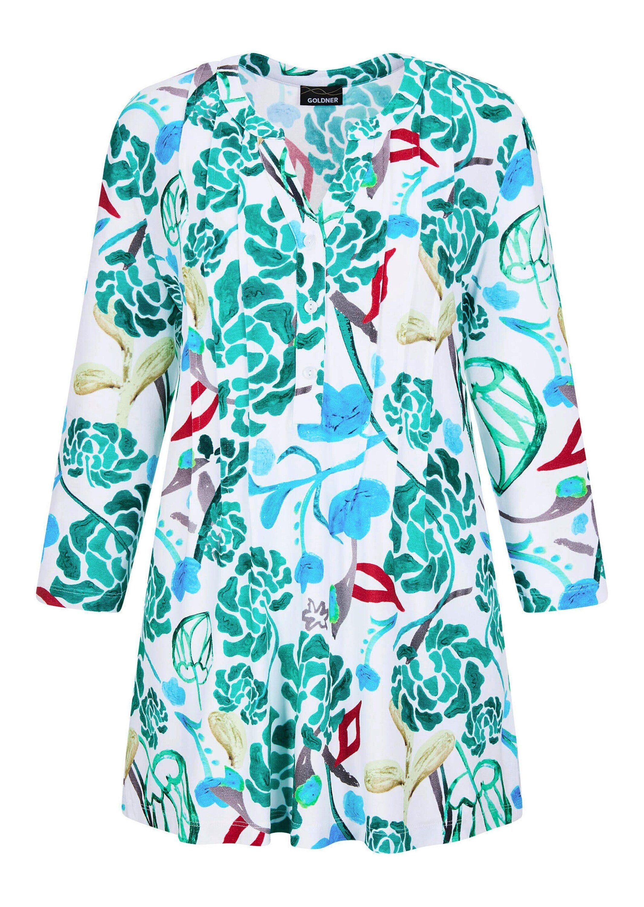 GOLDNER Tunika Kurzgröße: Halbarm Tunika mit Allover-Print Bluse mit frischen Farben, Rundhals, Knopfleiste, 3/4-Arm