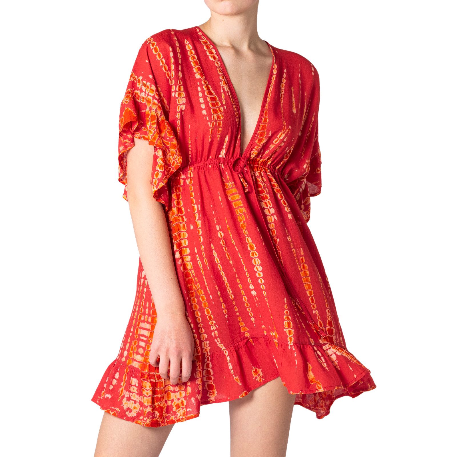 PANASIAM Tunikakleid kurzes Sommerkleid aus natürlicher Viskose mit V Ausschnitt Boho-Kleid Damen Strandkleid Minidress mit Volants Ethno Beach Dress Tunikakleid