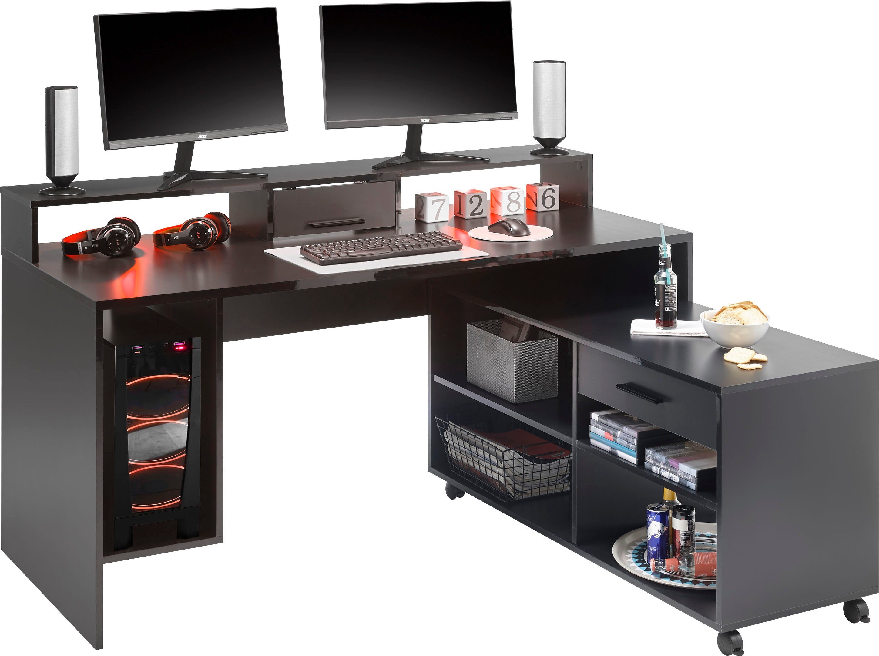 BEGA OFFICE Gamingtisch Computertisch Rollcontainer RGB-LED mit Schwarz Highscore, Farbwechsel, inkl