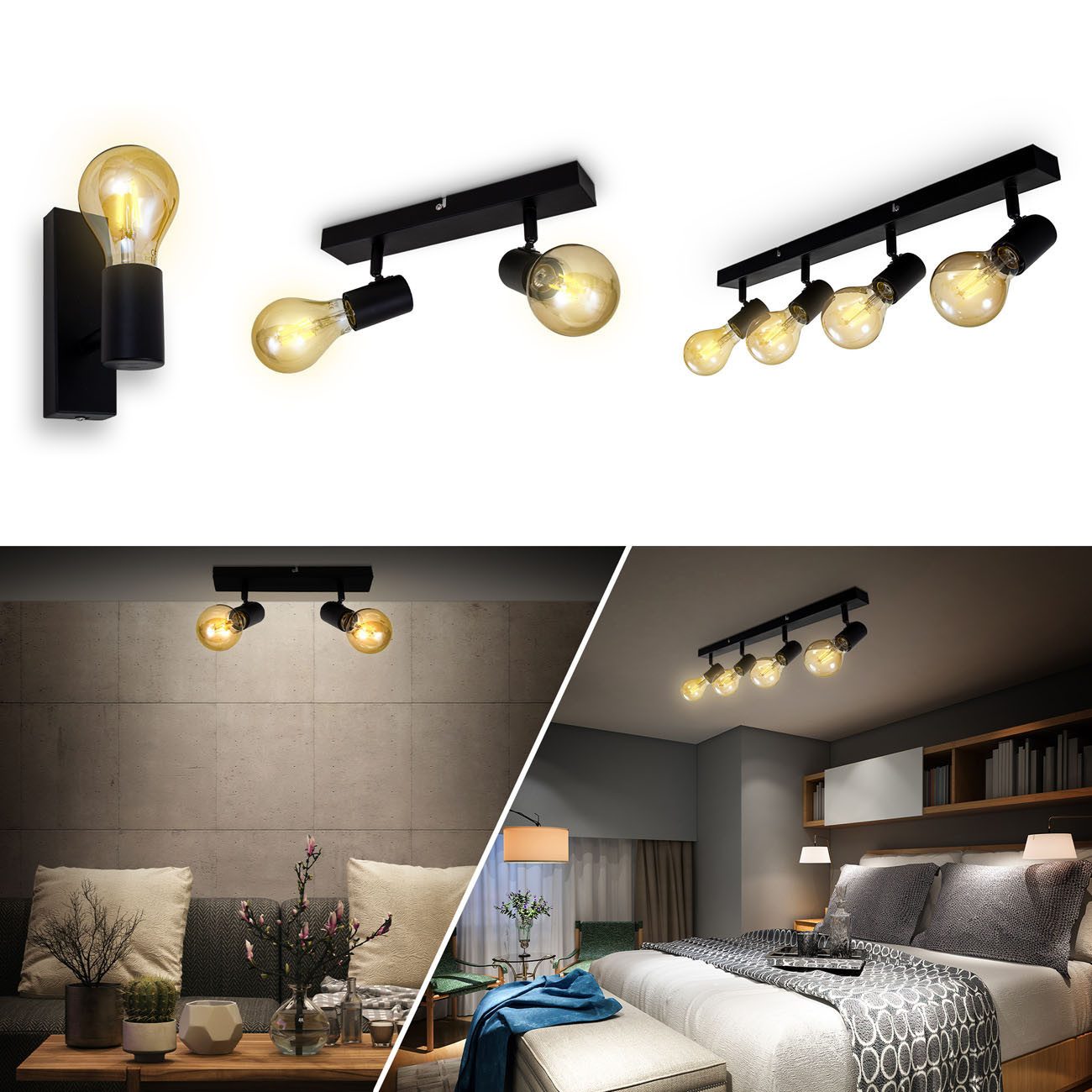 B.K.Licht Deckenleuchte Deckenlampe Vintage 60W E27 Schwenkbar - BKL1338, ohne Leuchtmittel, Retro 3-flammig Schwarz-Matt Büro Wohnzimmer Esszimmer