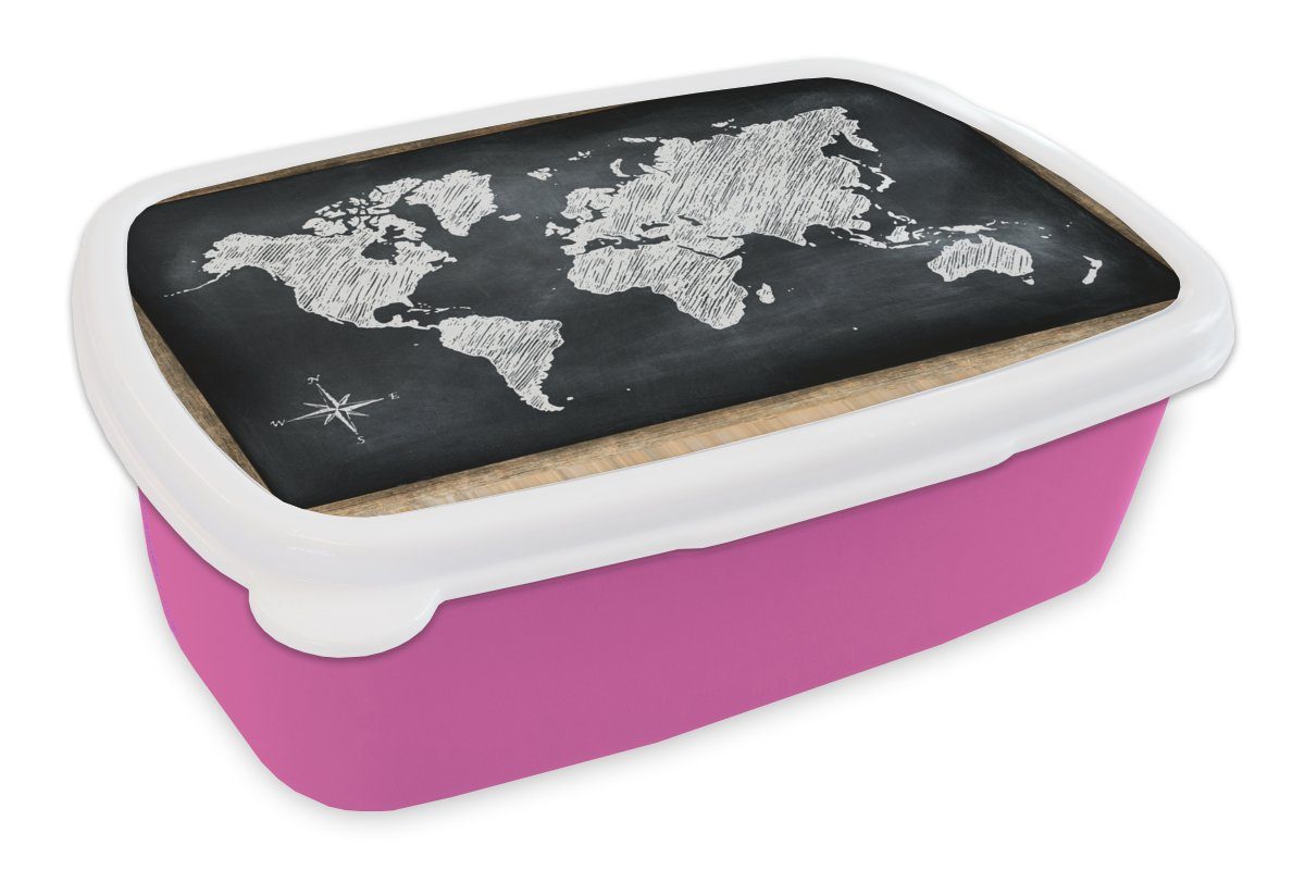 MuchoWow Lunchbox Weltkarte - Wandtafel - Kreide, Kunststoff, (2-tlg), Brotbox für Erwachsene, Brotdose Kinder, Snackbox, Mädchen, Kunststoff rosa