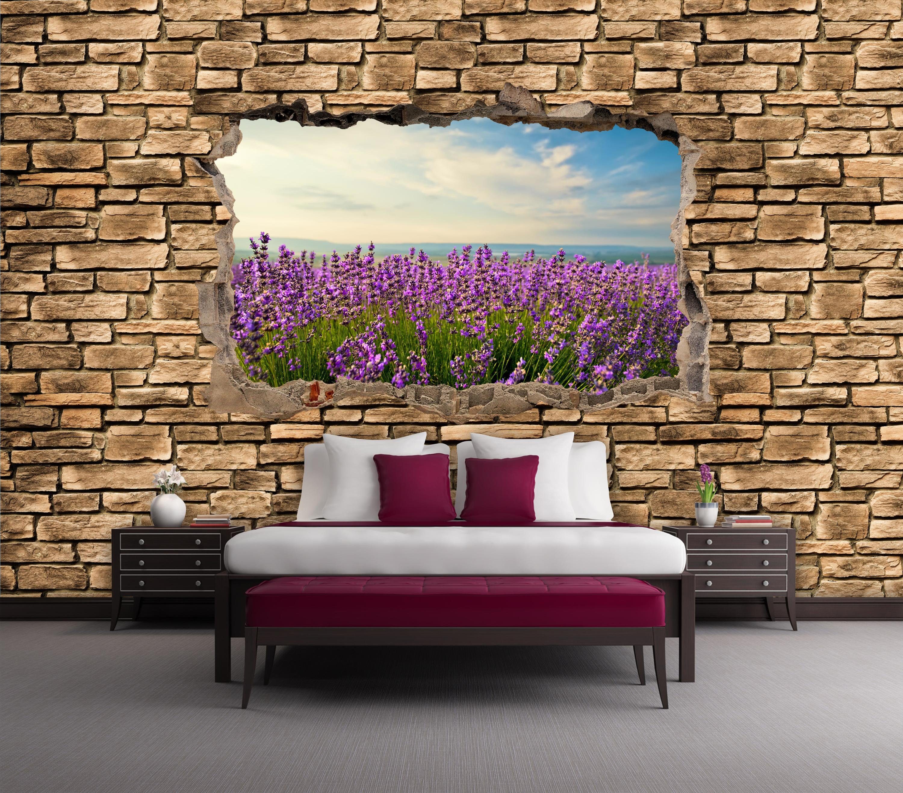 wandmotiv24 Fototapete 3D - am Motivtapete, Meer Lavendelfeld Steinmauer, Vliestapete matt, Wandtapete, glatt