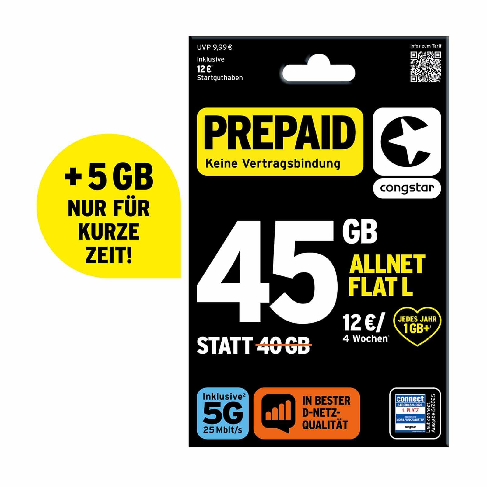 Prepaid ALLNET L SIM-Karte ohne Vertrag 5G mit 25 Mbit/s Prepaidkarte