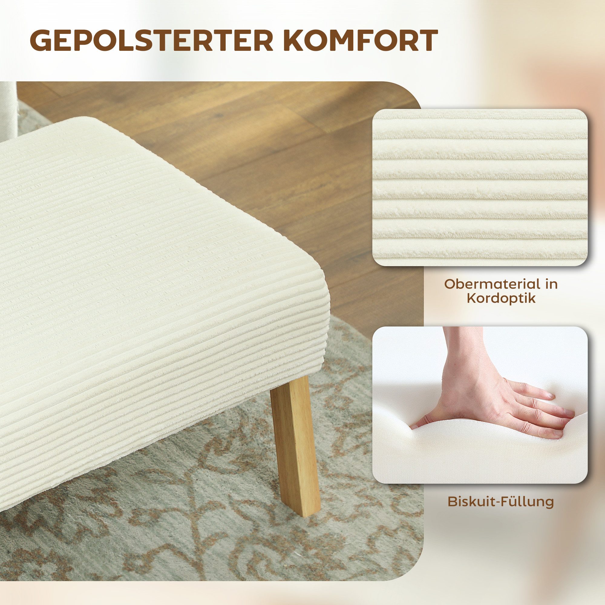 HOMCOM Fußhocker Hocker mit weichem Sitzkissen Holzbeinen mit Cordoptik Ottoman (Polsterhocker, 1 St., Sitzhocker), für Schlafzimmer, Wohnzimmer, Cremeweiß – Bild 5 von 5