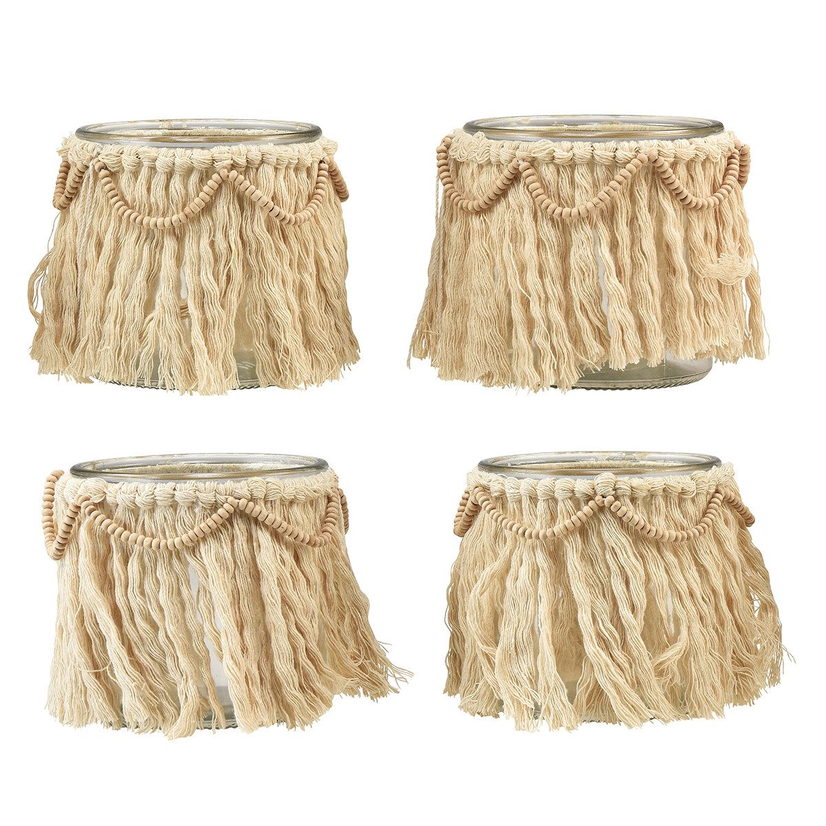 Viana Windlicht Boho Windlicht Set Makramee Fransen Creme Teelichthalter Deko, 4 Stück