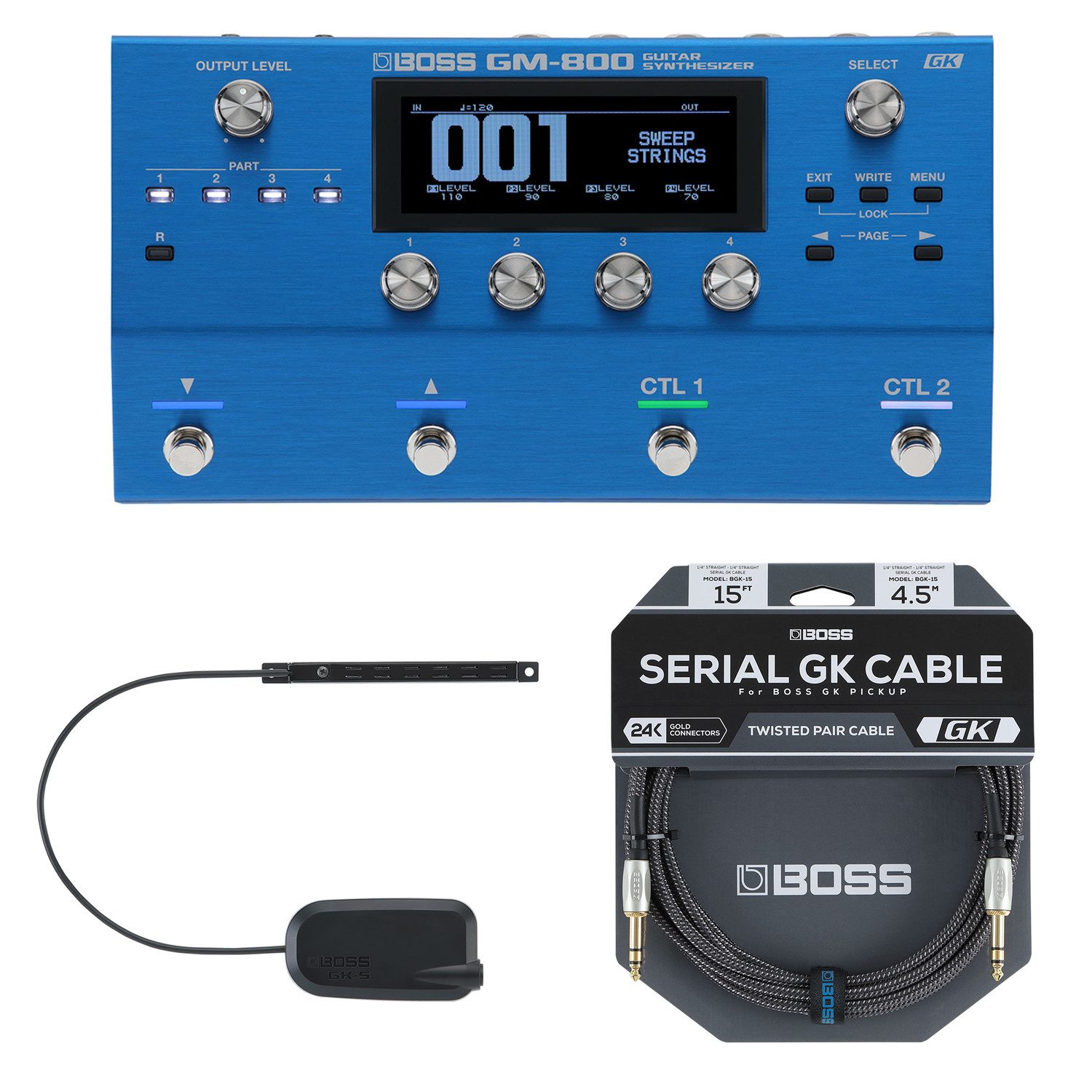 Boss by Roland E-Gitarre Boss GM-800 Effektgerät Synthesizer-Pedal Gitarren-Bundle, Effektgerät, Synthesizer, Pedal, mit Gitarrentonabnehmer, Serial GK-Kabel und Tuch