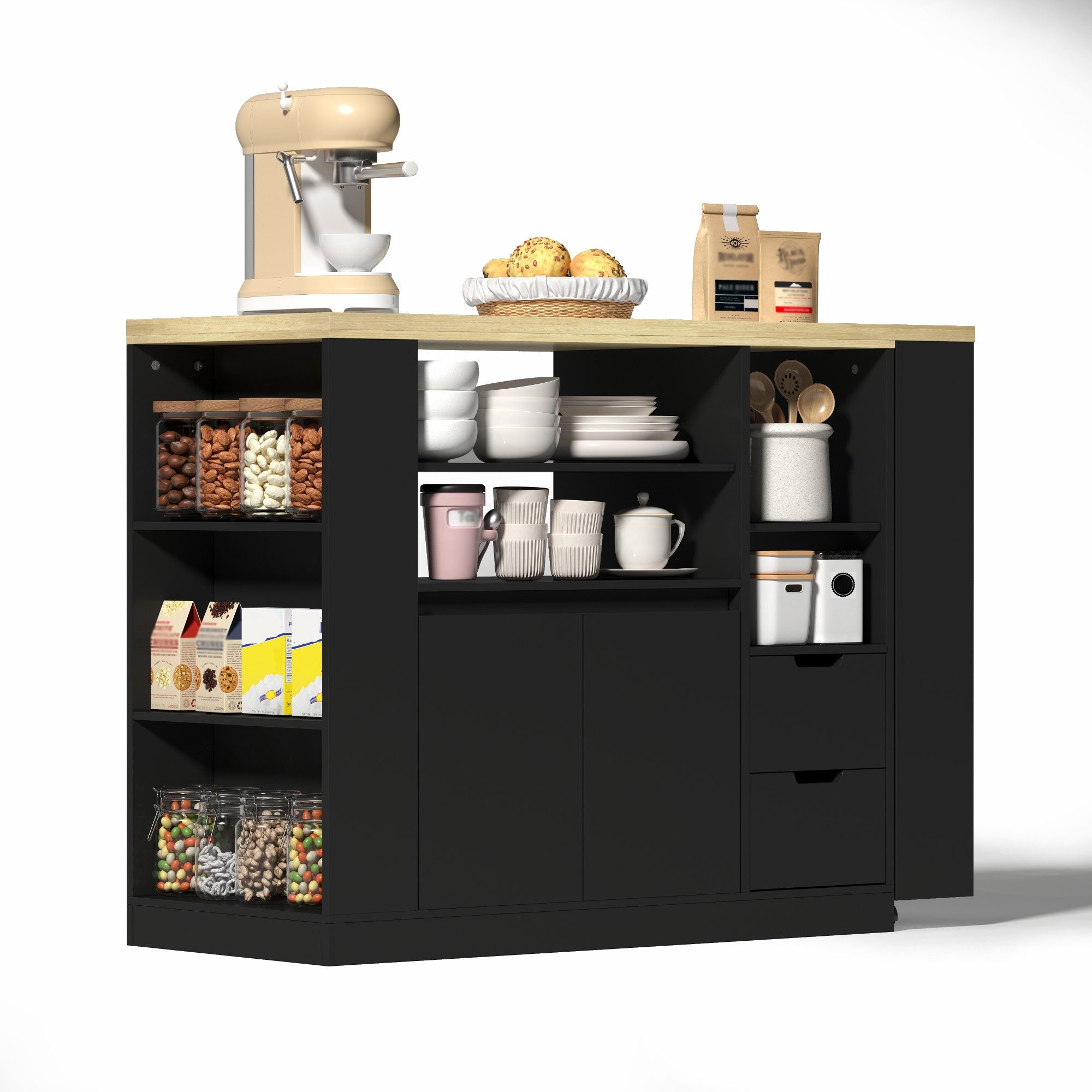 ANYSUN Küchenzeile Kücheninsel mit ausziehbarer Esstisch, (Spar-Set), 115 cm Aufbewahrungsinsel mit Dreiseitigen Regalen und Zwei Schubladen