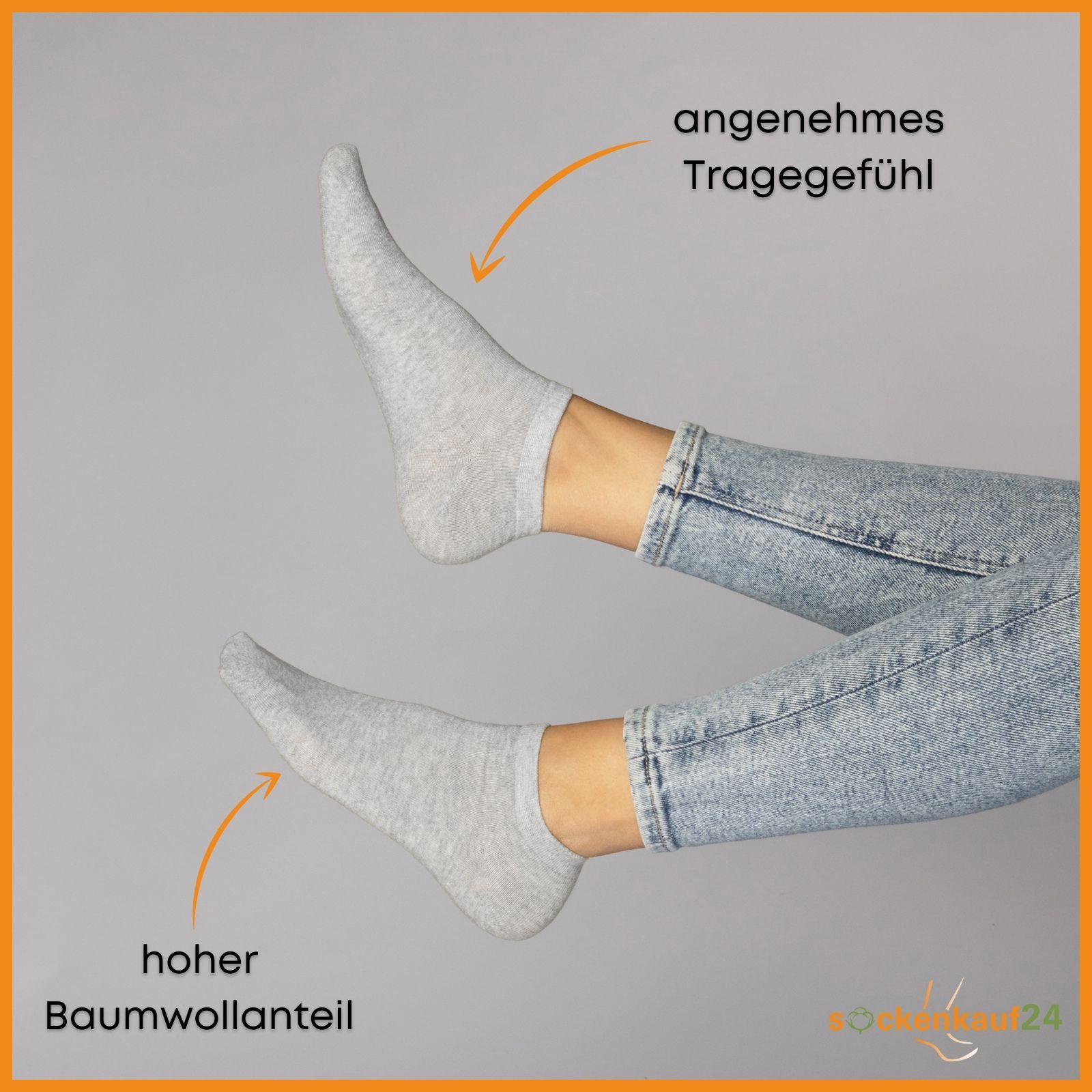 sockenkauf24 Sneakersocken 10, 20, 30 Paar Sneaker Socken Damen & Herren Schwarz Weiß Grau (Grau, 10-Paar, 39-42) Baumwolle - 16900 WP