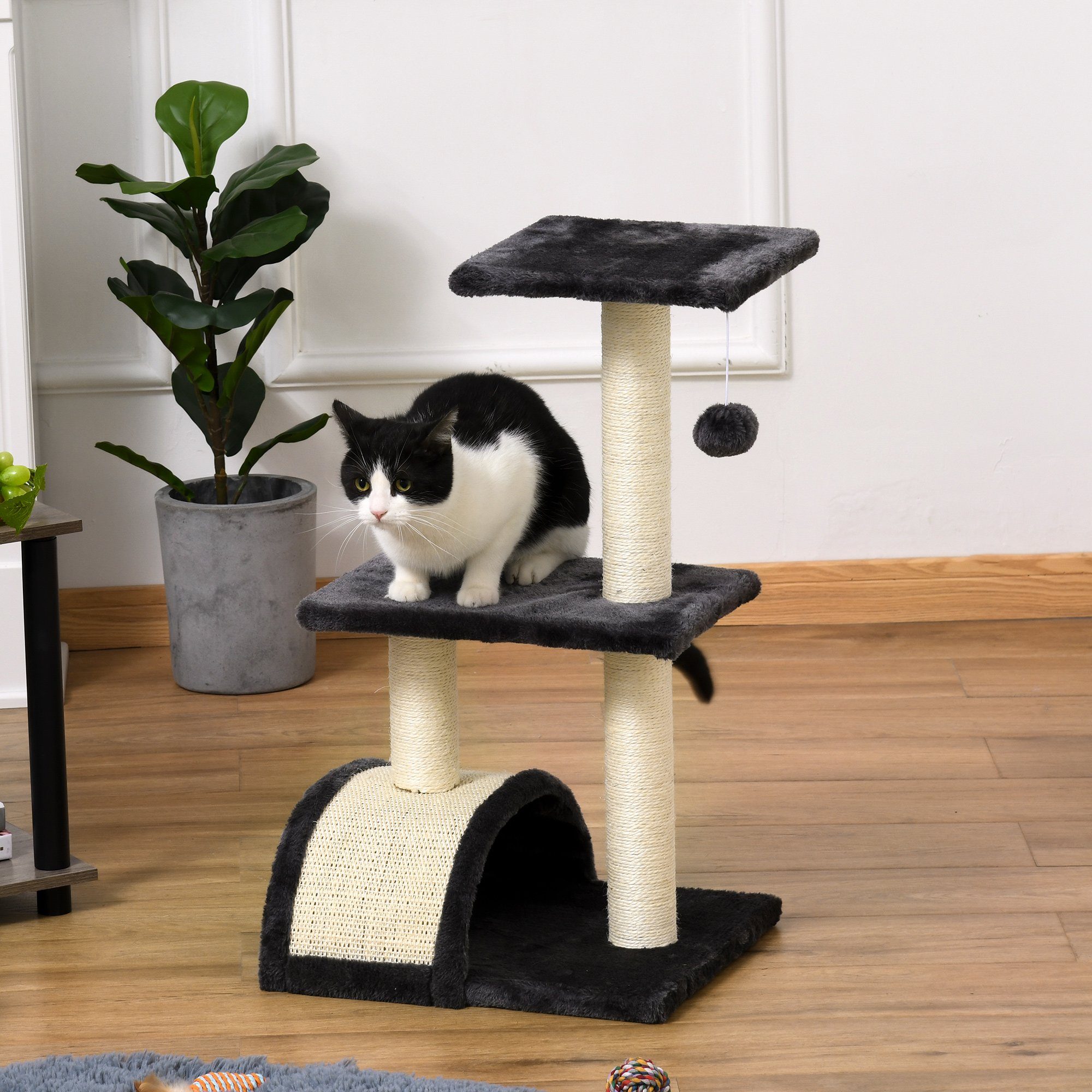 PawHut Kratzbaum klein, Katzenkratzbaum Katzenbaum Kletterbaum Sisal Plüsch Dunkelgrau, 40L x 35B x 72H cm