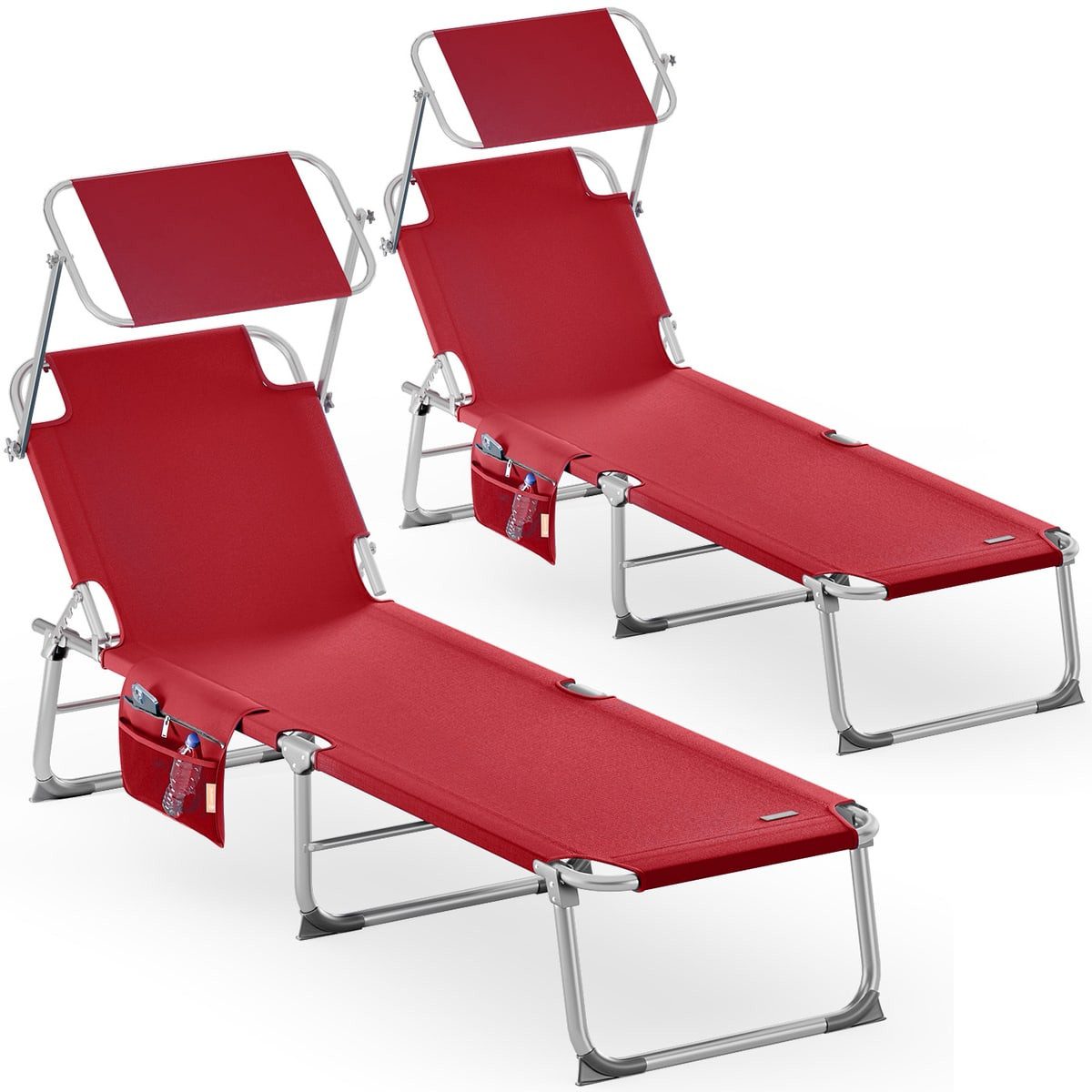 Casaria Gartenliege Ibiza, 2 St., Sonnenliege Klappbar 2er Set mit Dach Liegestuhl Strand 190x60cm Rot