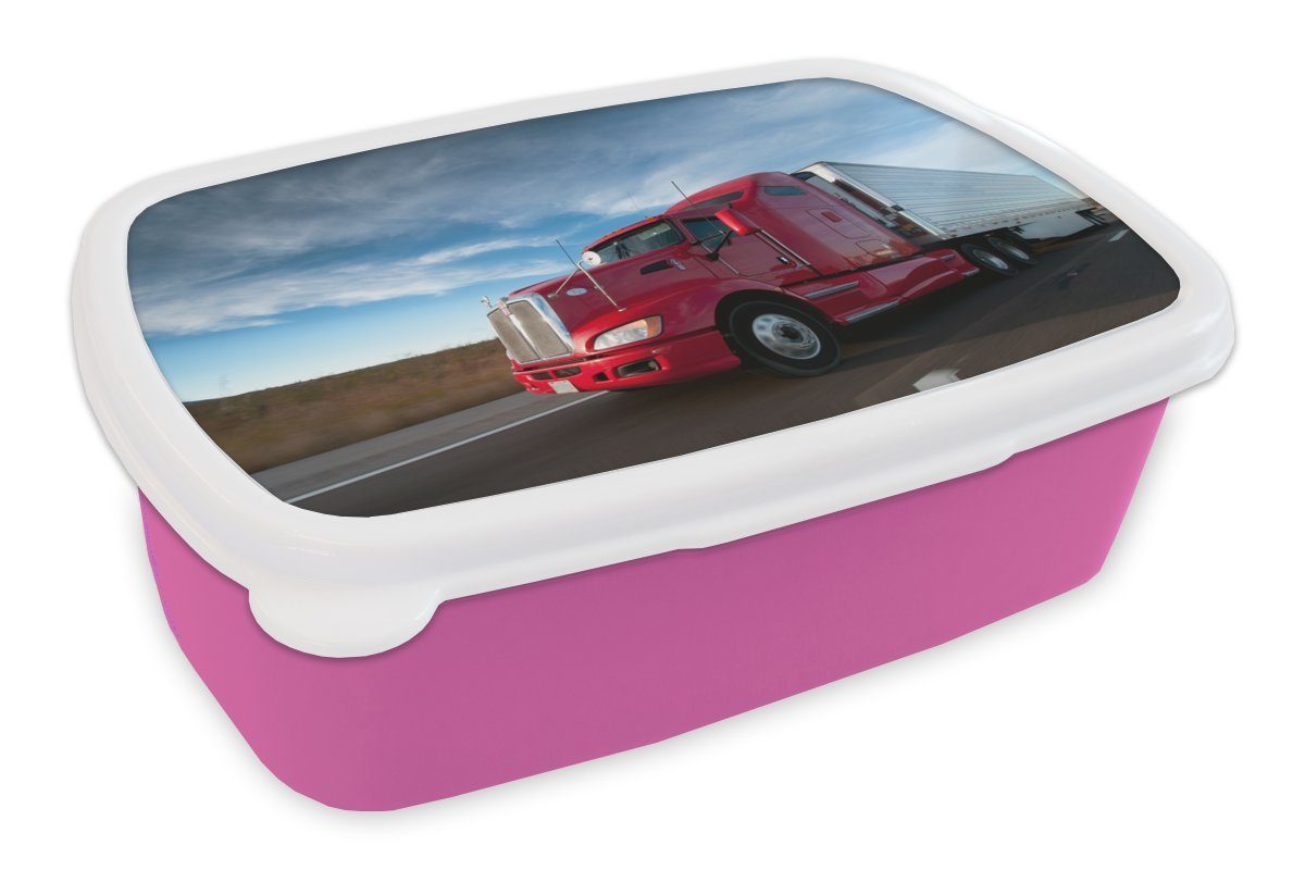 Lastwagen Lunchbox rosa für (2-tlg), Brotbox Kunststoff, Erwachsene, Himmel, Brotdose Kinder, Mädchen, Snackbox, MuchoWow Kunststoff Roter mit bedrohlichem