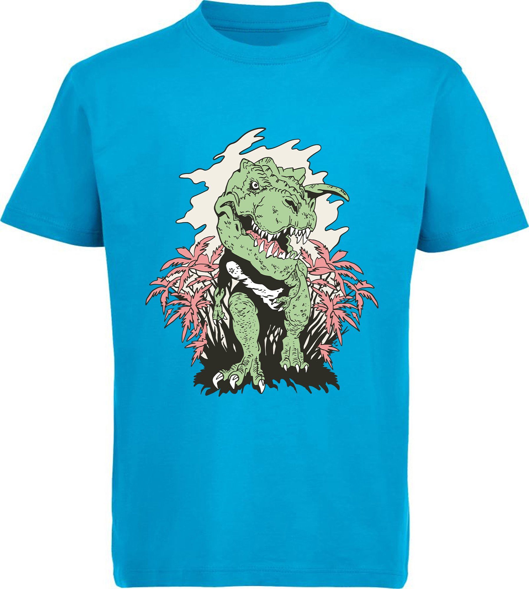 MyDesign24 Print-Shirt bedrucktes Kinder T-Shirt T-Rex der aus einem Busch kommt 100% Baumwolle mit Dino Aufdruck, schwarz, weiß, rot, blau, i101 aqua blau