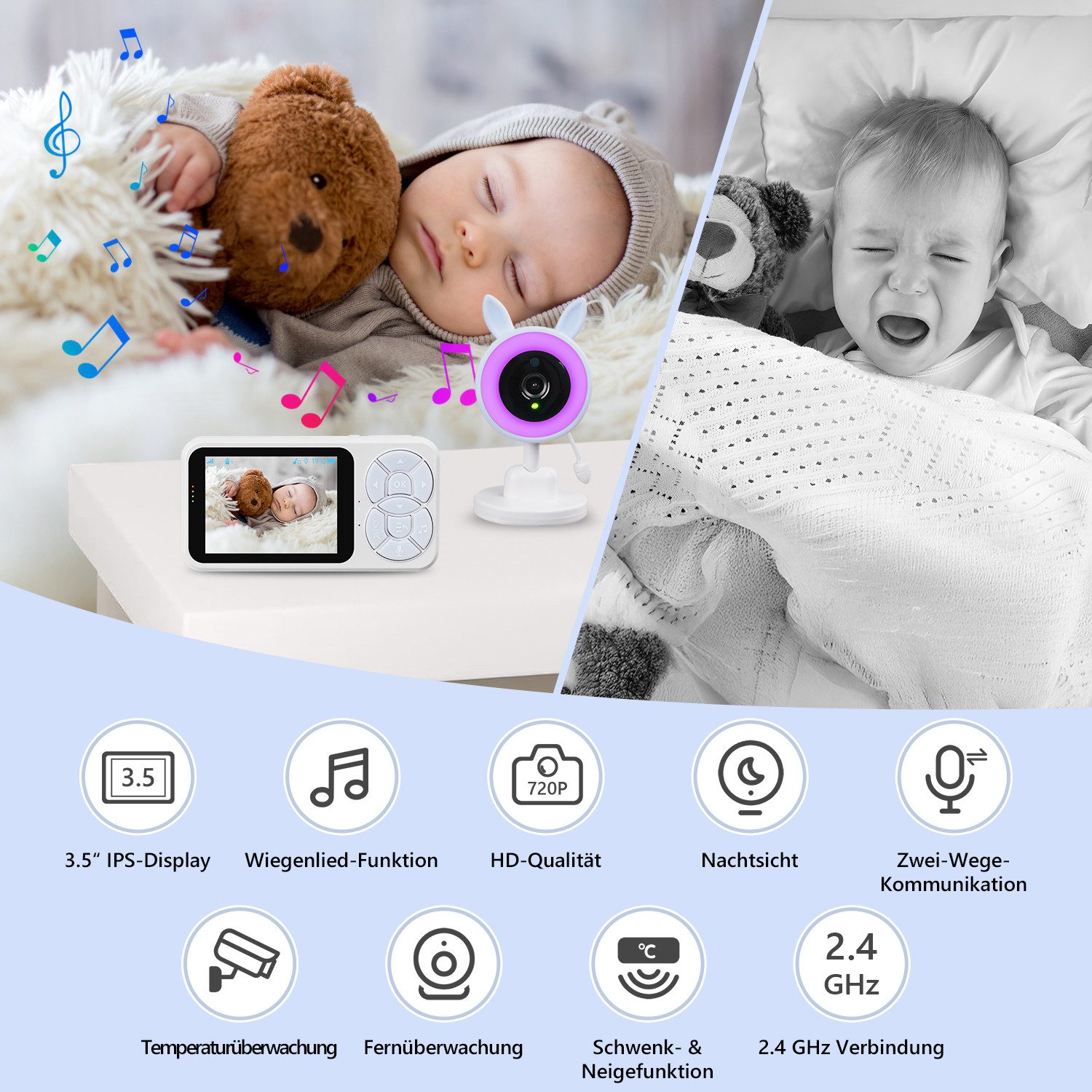 DOPWii Babyphone Baby Monitor mit Kamera & Display – 3.5" IPS Monitor, Nachtsicht, 1-tlg., VOX, Gegensprechfunktion, Temperaturüberwachung & Schlaflieder
