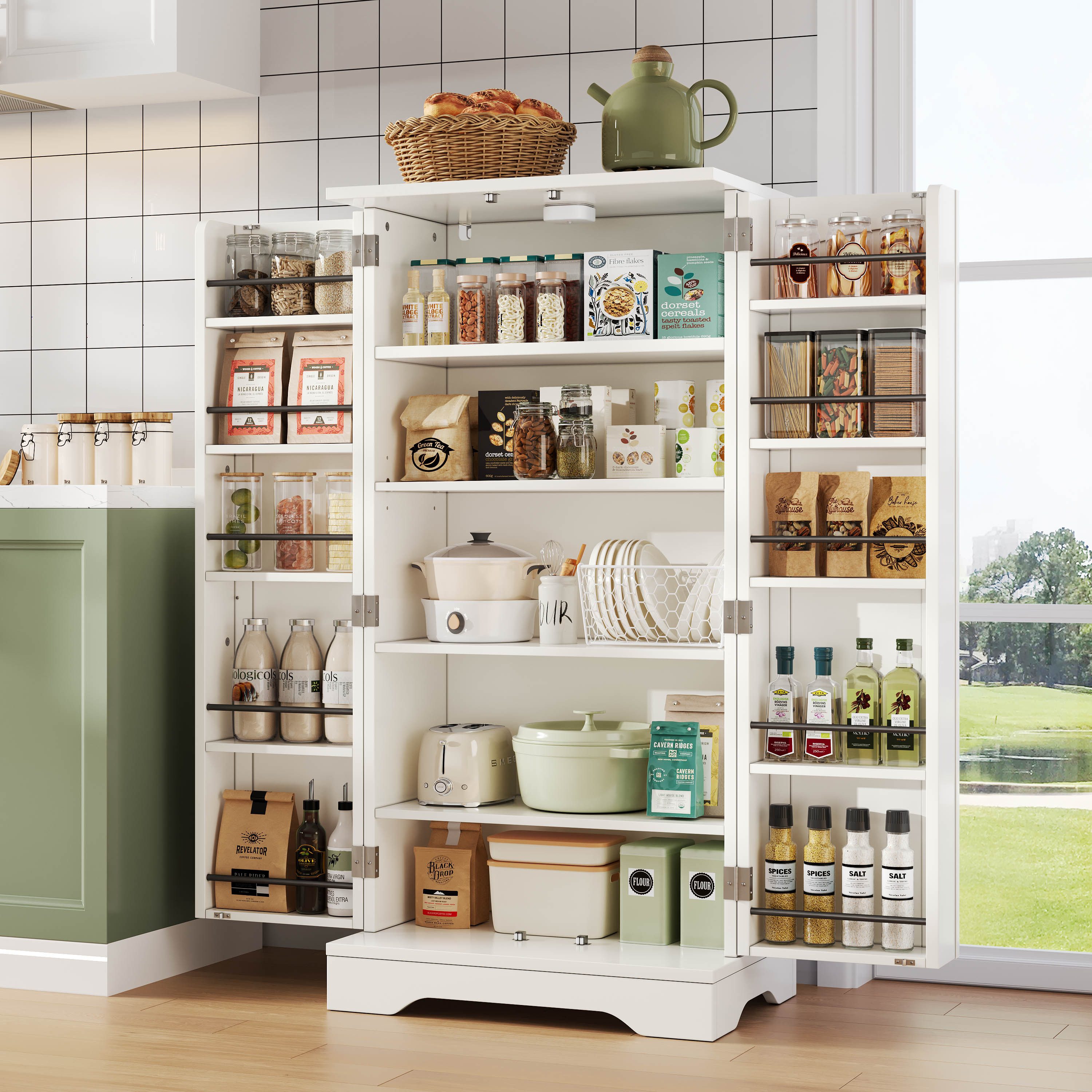 Flieks Mehrzweckschrank Hochschrank mit LED-Sensorlicht und verstellbaren Regalböden (H120xB60xT40 cm, 1-St) Küchenschrank Buffetschrank mit Türablagen Holzschr – Bild 4 von 5