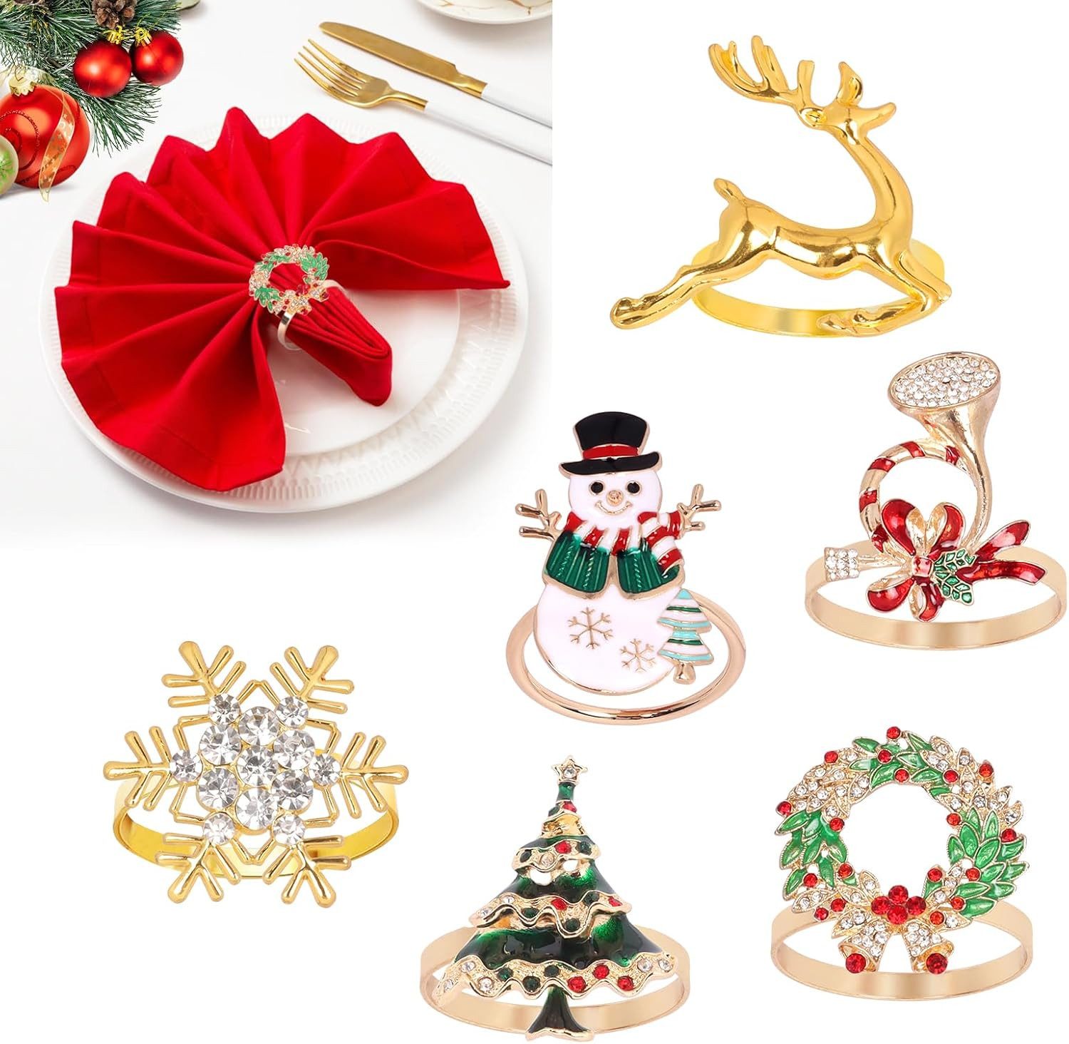 Coonoor Serviettenring 6 Serviettenringe Kranz Serviettenschnalle Rentier Weihnachtskranz, Vintage Tischdeko Schneemann Weihnachtsbaum Weihnachten Deko