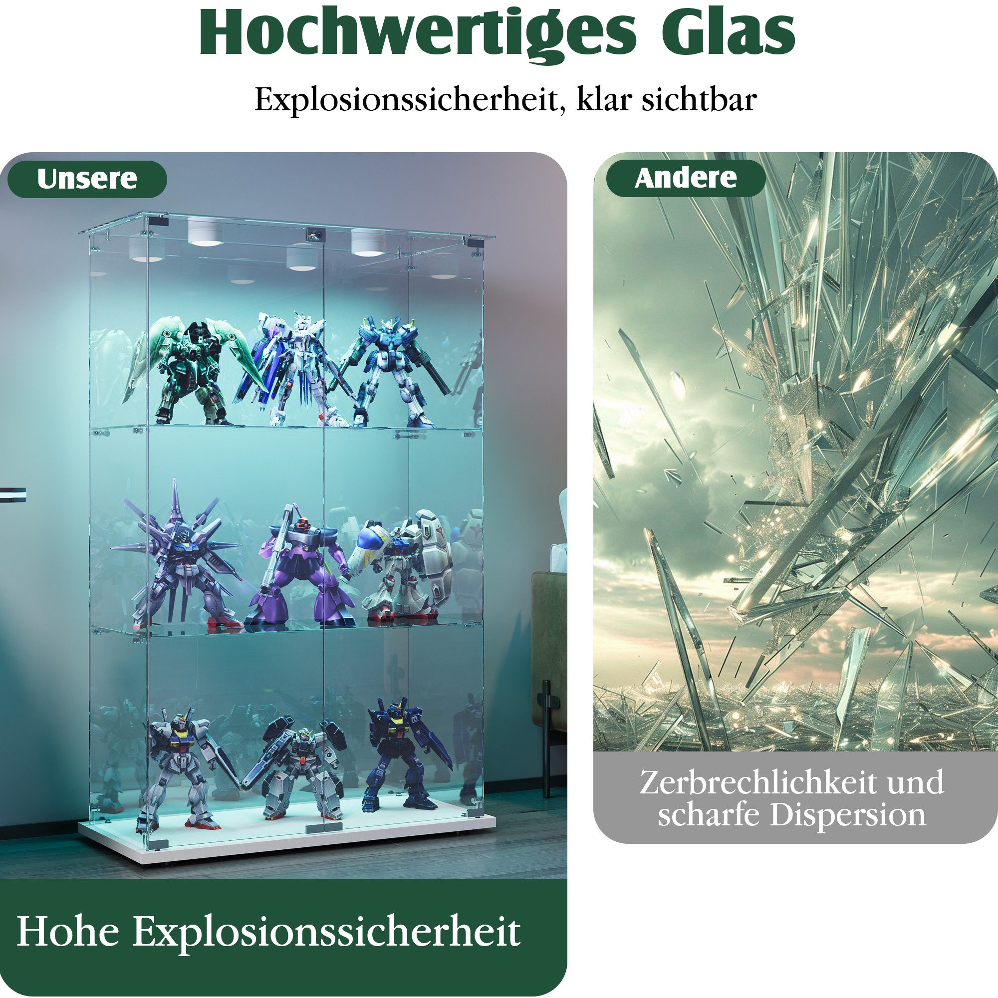 Simurq Glasvitrine Standvitrinen mit LED Beleuchtung Vitrinenschrank mit Glastür (glas vitrine mit 2 Glastür und 3 Lagen,Schloss,Kippsicherung) Sammlervitrine aus gehärtetes Glas,Modernes rahmenloses Design