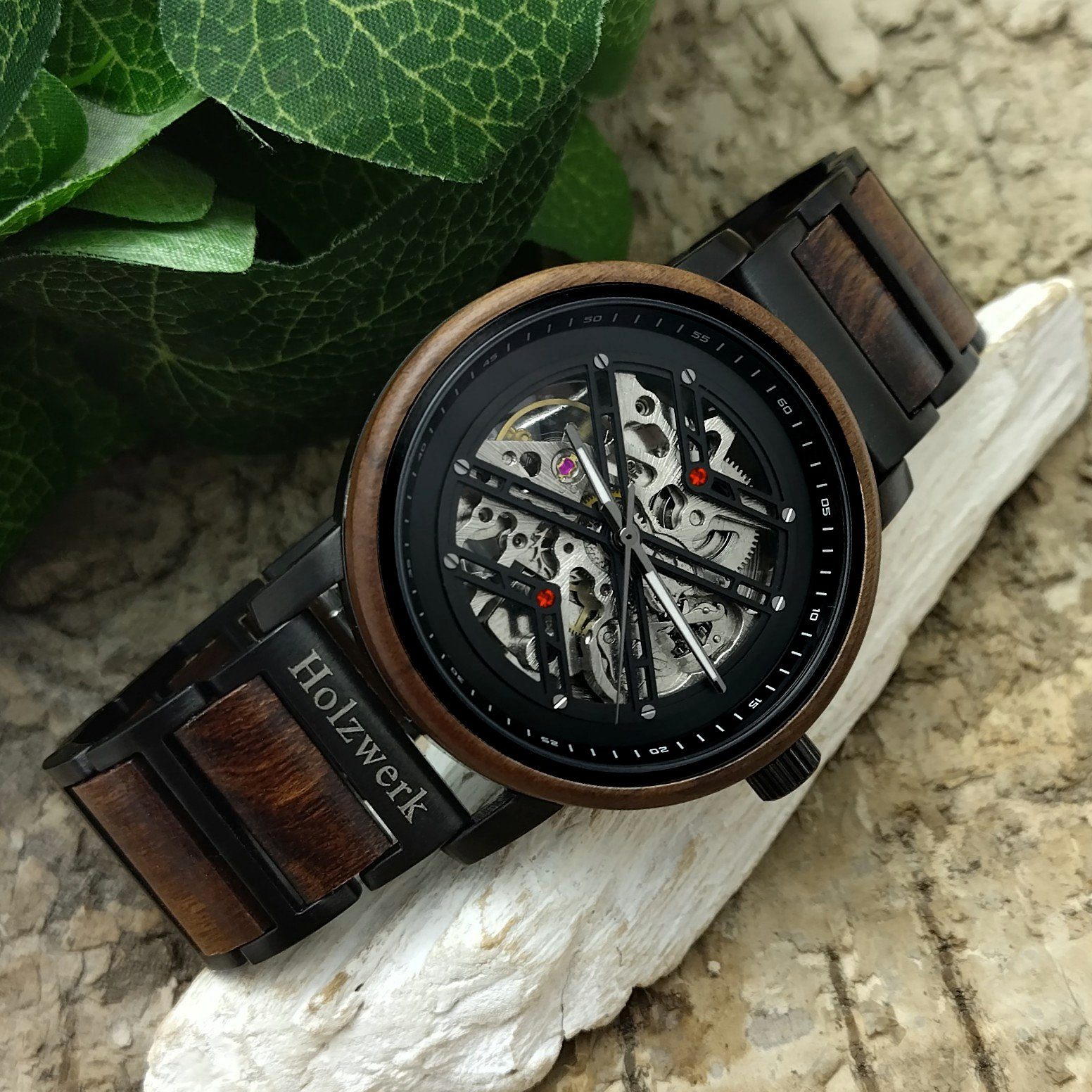 Holzwerk Automatikuhr CLINGEN Armband braun & matt Holz Uhr, Herren schwarz, Edelstahl