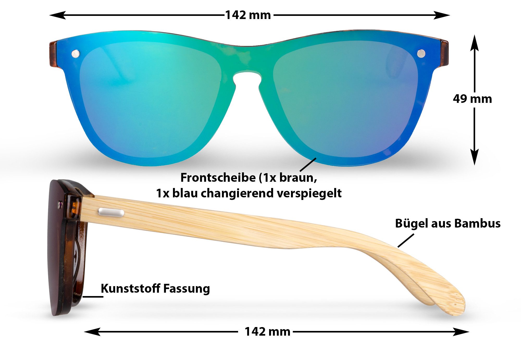 UrbanSky Sonnenbrille Shield Sonnenbrillen Doppelpack „Greg“ (2er-Pack, Sonnenbrillen-Set mit Einstecketui) verspiegelt - Bambusbügel & UV400