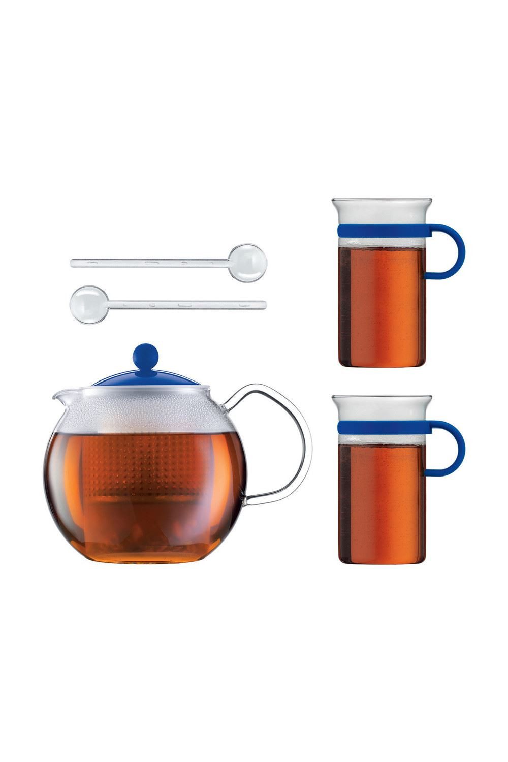 Bodum Teebereiter Bodum Assam Set 1,0l blau AK1830-XY-Y16-4, Set, 1 Liter Teebereiter mit Kunststofffilter, 2 Teegläser