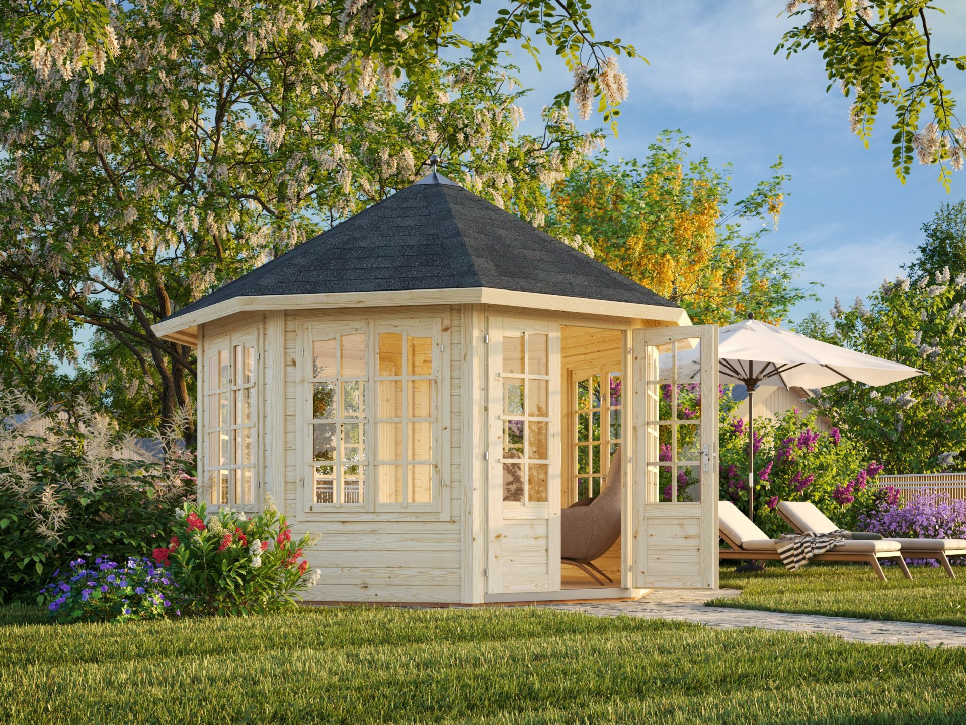 Palmako Gartenhaus 4x3m Pavillon Holz Veronica 7 9,2, BxT: 337x406 cm, mit 19 mm Fußboden, ohne Dacheindeckung