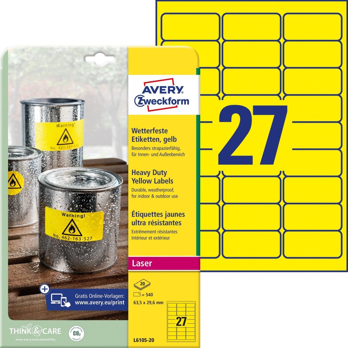 Avery Zweckform Etiketten Etiketten 63,5x29,6mm Folie wetterfest VE=540 Stück gelb