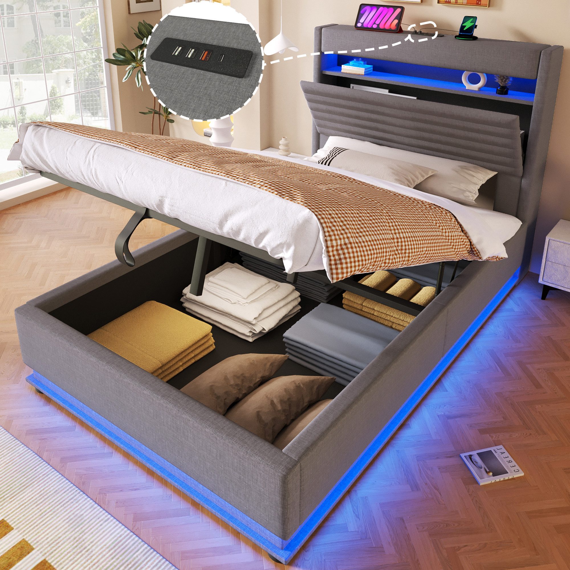 Merax Polsterbett mit LED-Beleuchtung und USB/Typ-C Ladefunktion (Leinenstoff, 1-tlg., Mehrzweckbett), Jugendbett 140x200cm mit hydraulischem Stauraum & Flip-Top-Staufach