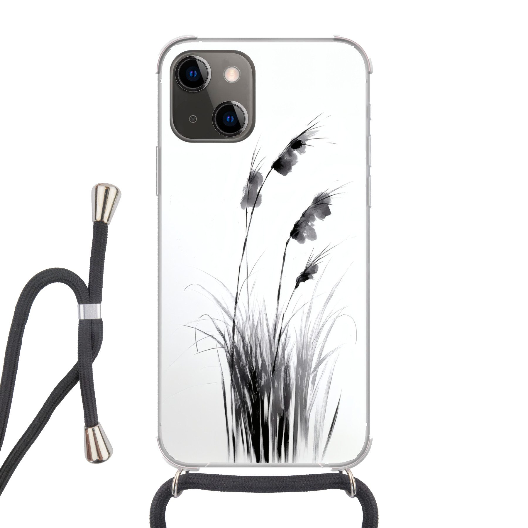 MuchoWow Handyhülle für Apple iPhone 13 Mini Minimalistisch - Stängel - Weiß, Tragbare Handyhüllen mit Kette zum umhängen, Handykette Handyband