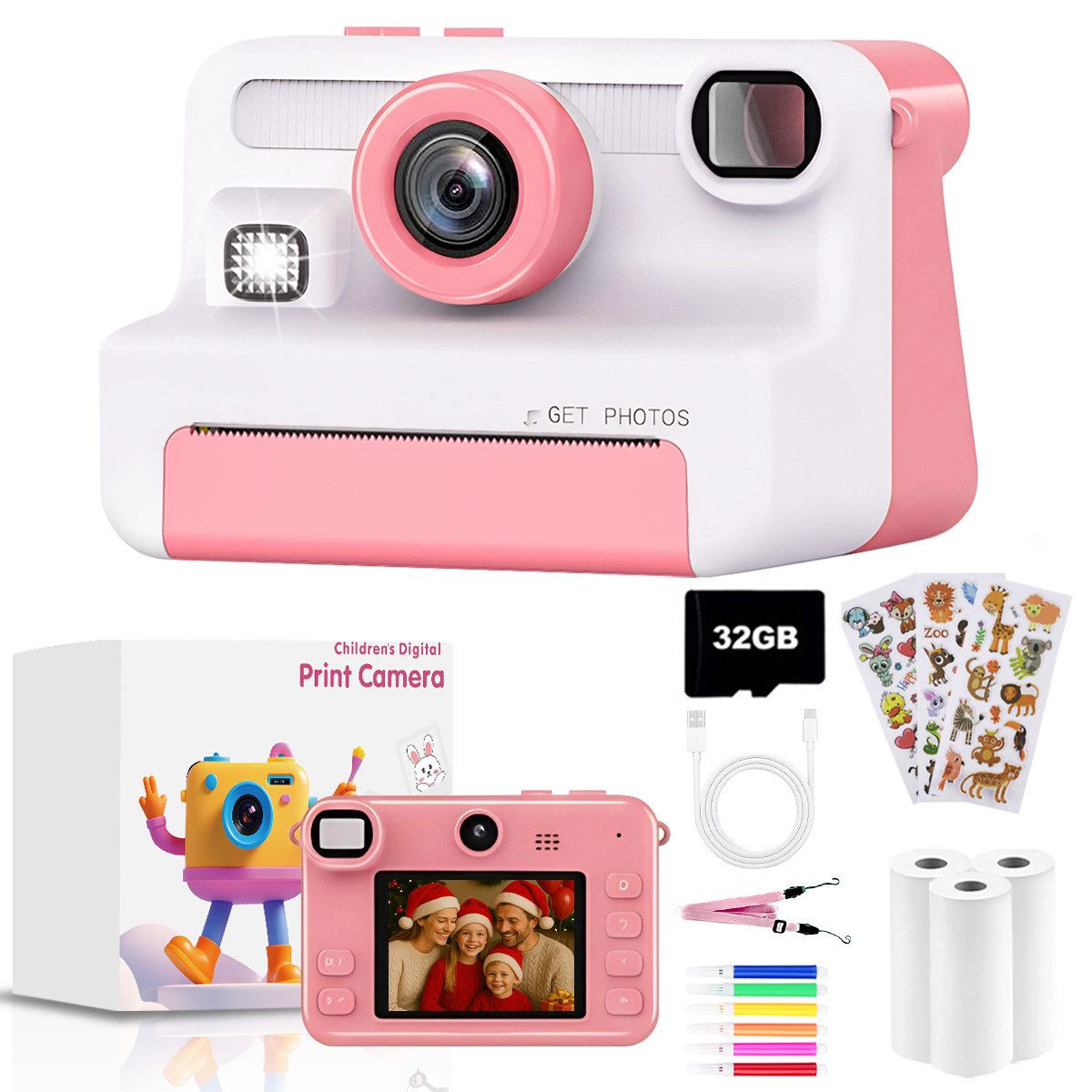 FOSMET Kinderkamera Sofortbildkamera,1080P 2,4" Display Digitalkamera Kinder Kinderkamera (30 MP, 8x opt. Zoom, inkl. Lustige Kinderspielzeug Geschenke für Jungen & Mädchen von 3-12 Jahren, 30MP Sofortbildkamera Kinder mit 32GB Karte & 3 Rollen Druckpapier)