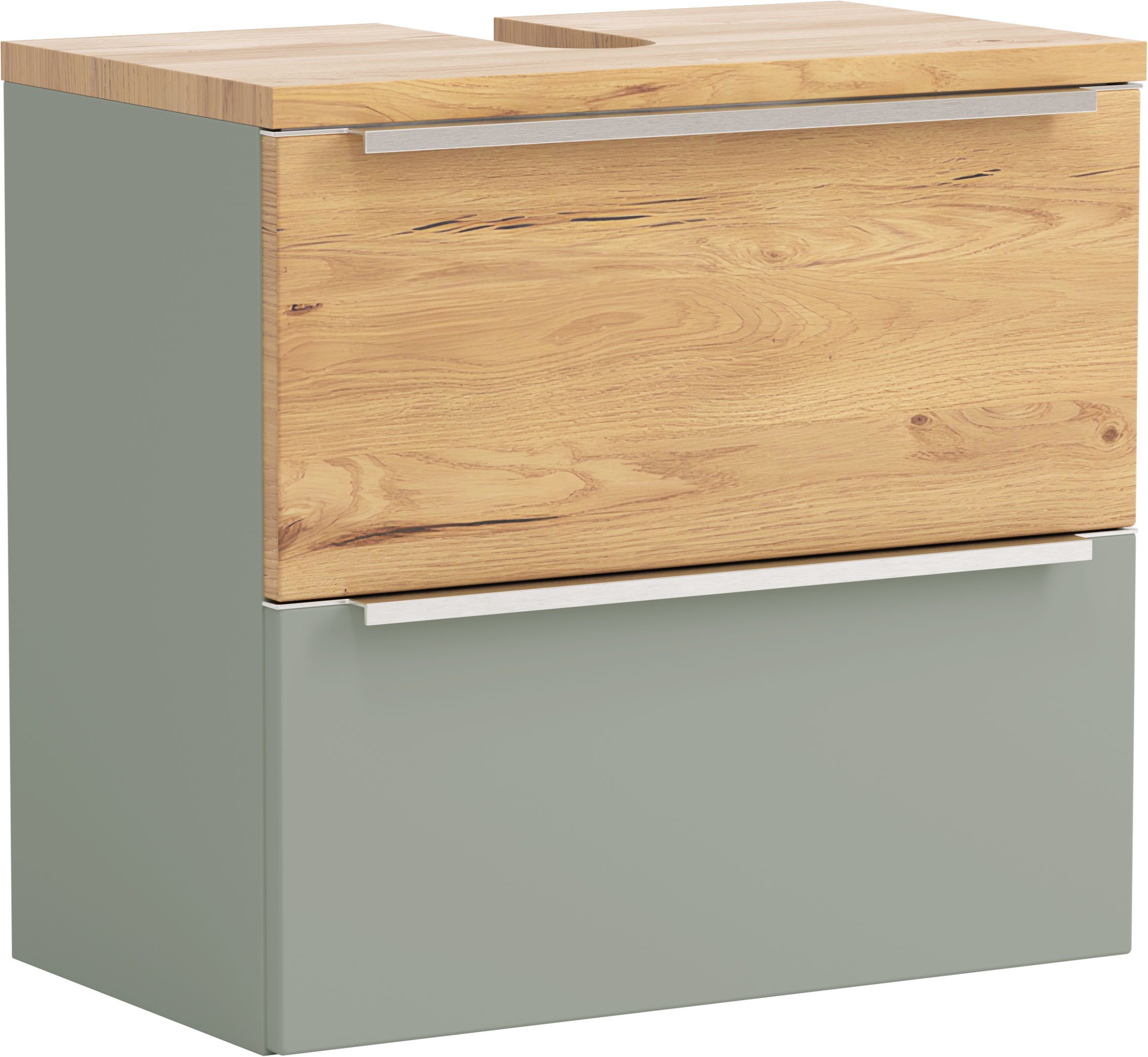 welltime Waschbeckenunterschrank TRIENT Unterbeckenschrank 60 cm, Softclose und gedämpfte Scharniere (Maße (B/H/T): ca. 60/54/35 cm) Schilfgrün/Wildeiche, gedämpfte Scharniere und Softclose-Auszug
