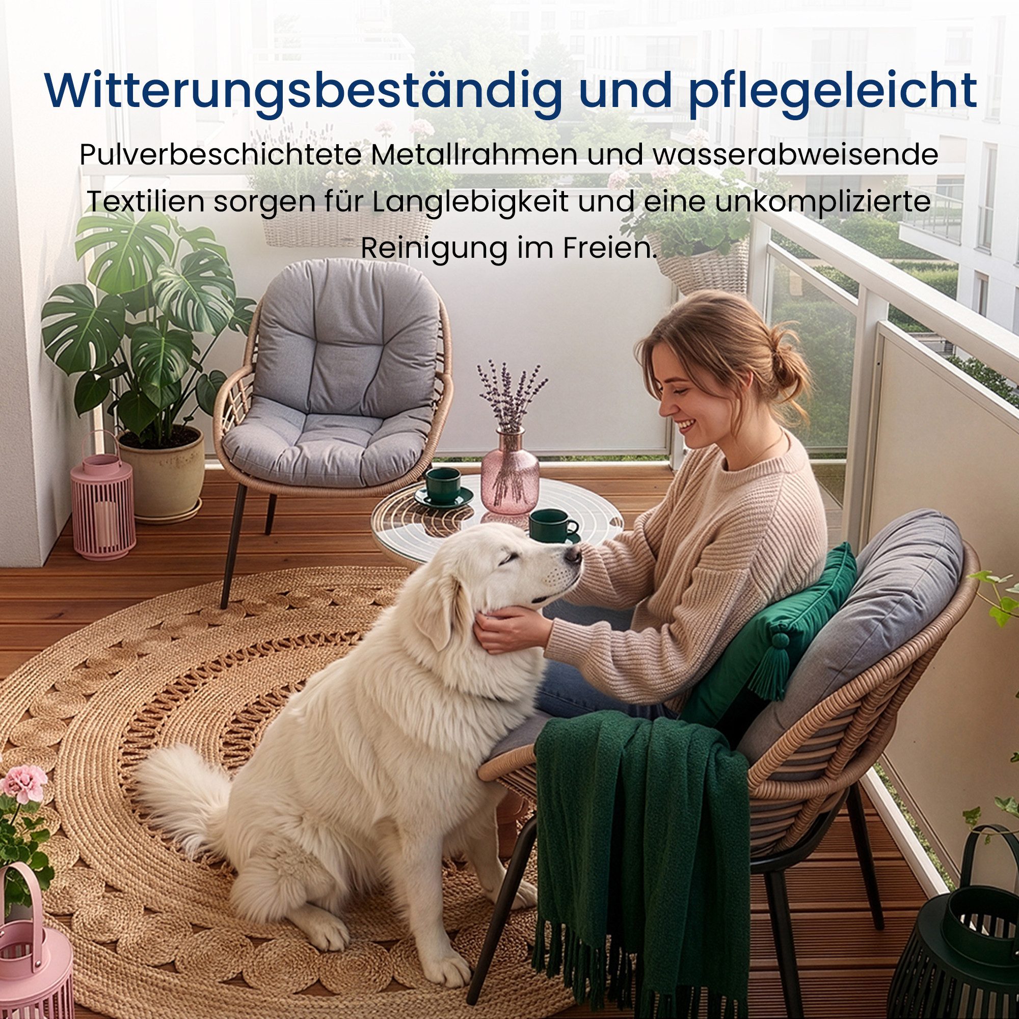 Home Collective Gartenlounge-Set Balkonmöbel Lounge Möbel Outdoor Sitzgruppe mit Beistelltisch, (3-teiliges Set mit 2 Stühlen und 1 Beistelltisch Ø 56 cm, inkl. abziehbarer Kissen)
