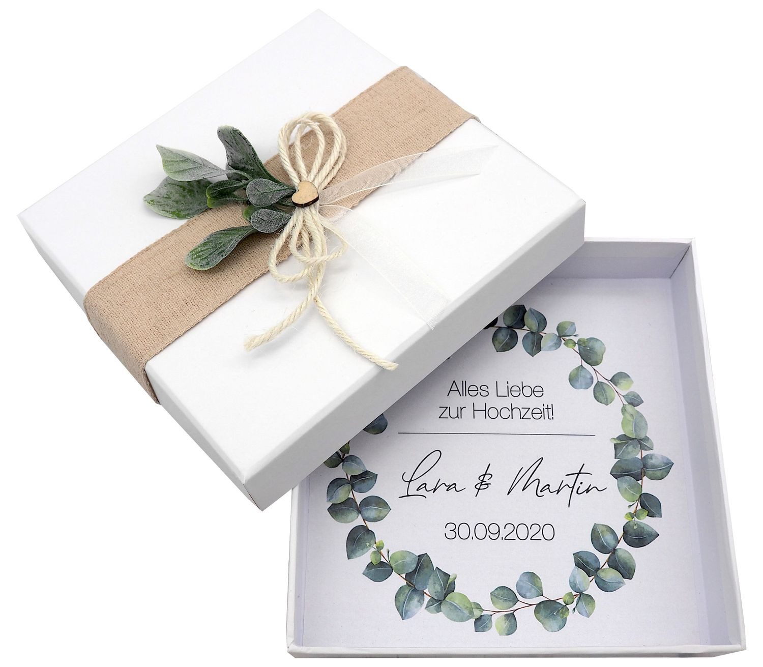 ZauberDeko Geschenkbox Geldgeschenk Verpacken MIT NAME Geschenk Hochzeit Herz Weiß Eukalyptus